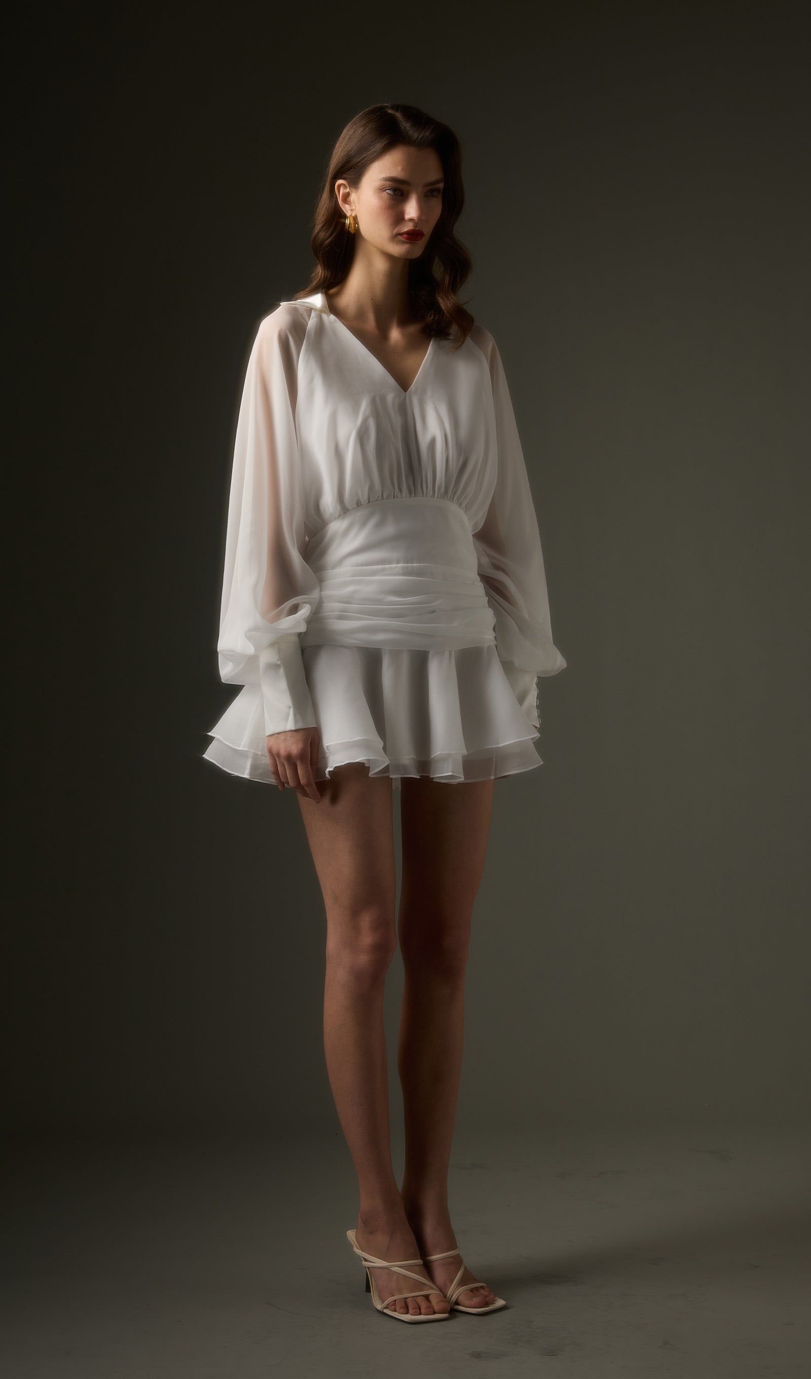 Solid Lantern Sleeve Mini Dress In White