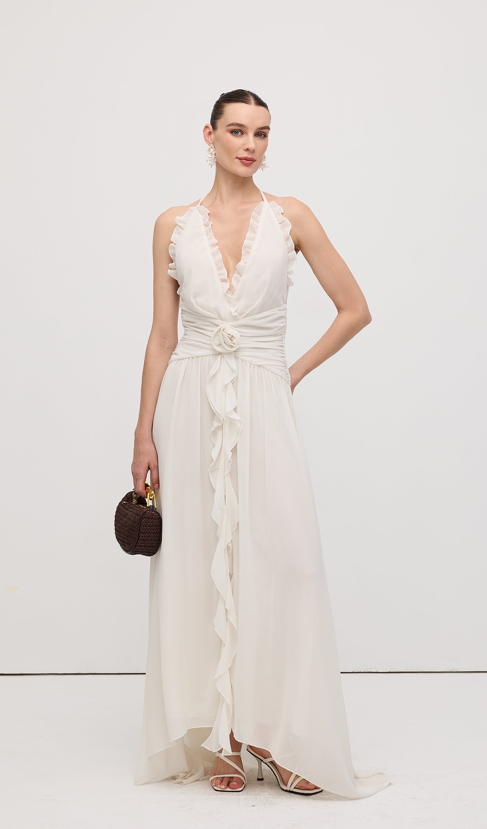 Halter Ruffles Rose Decoration Maxi Dress White