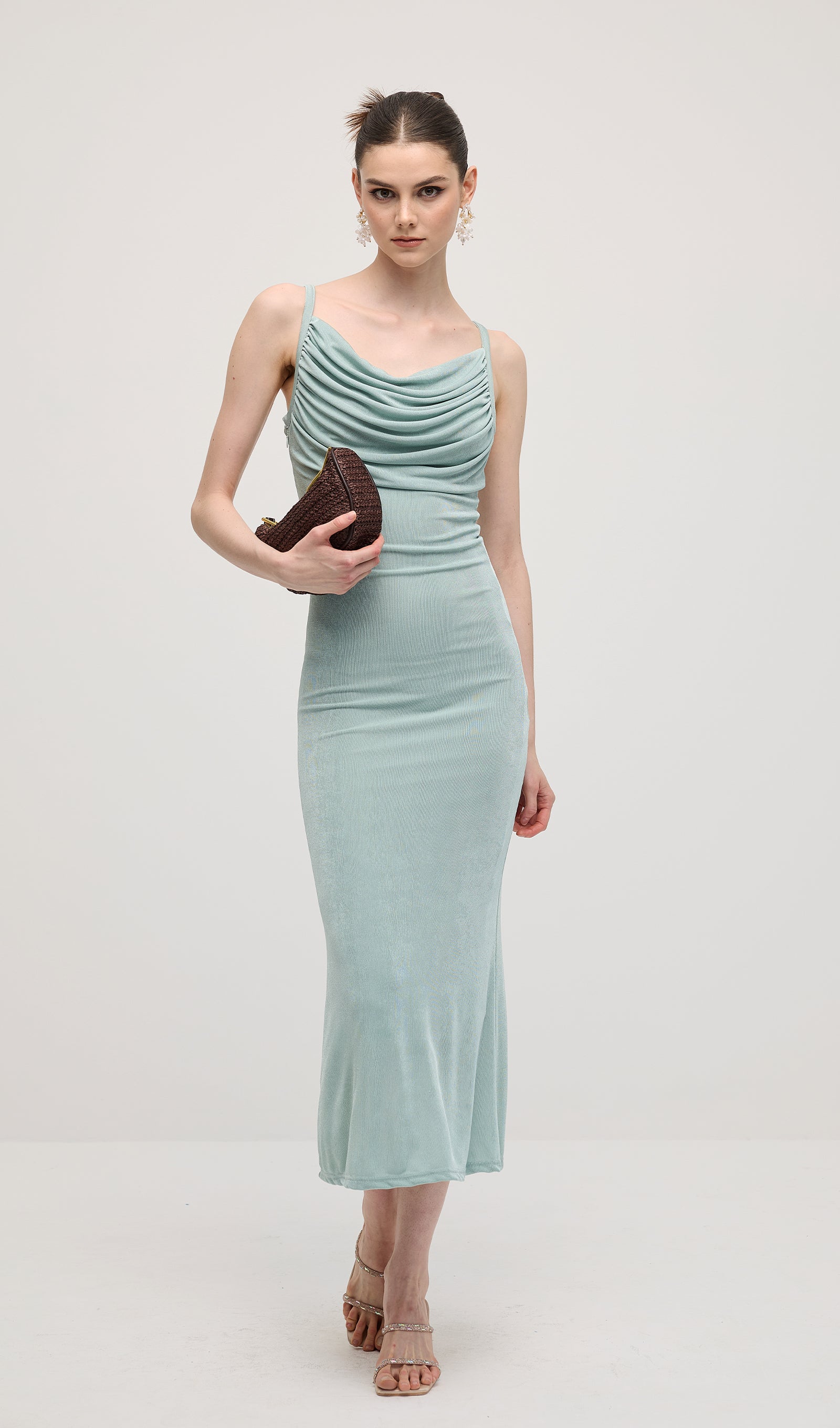 Solid Ruched Sleeveless Midi Dress