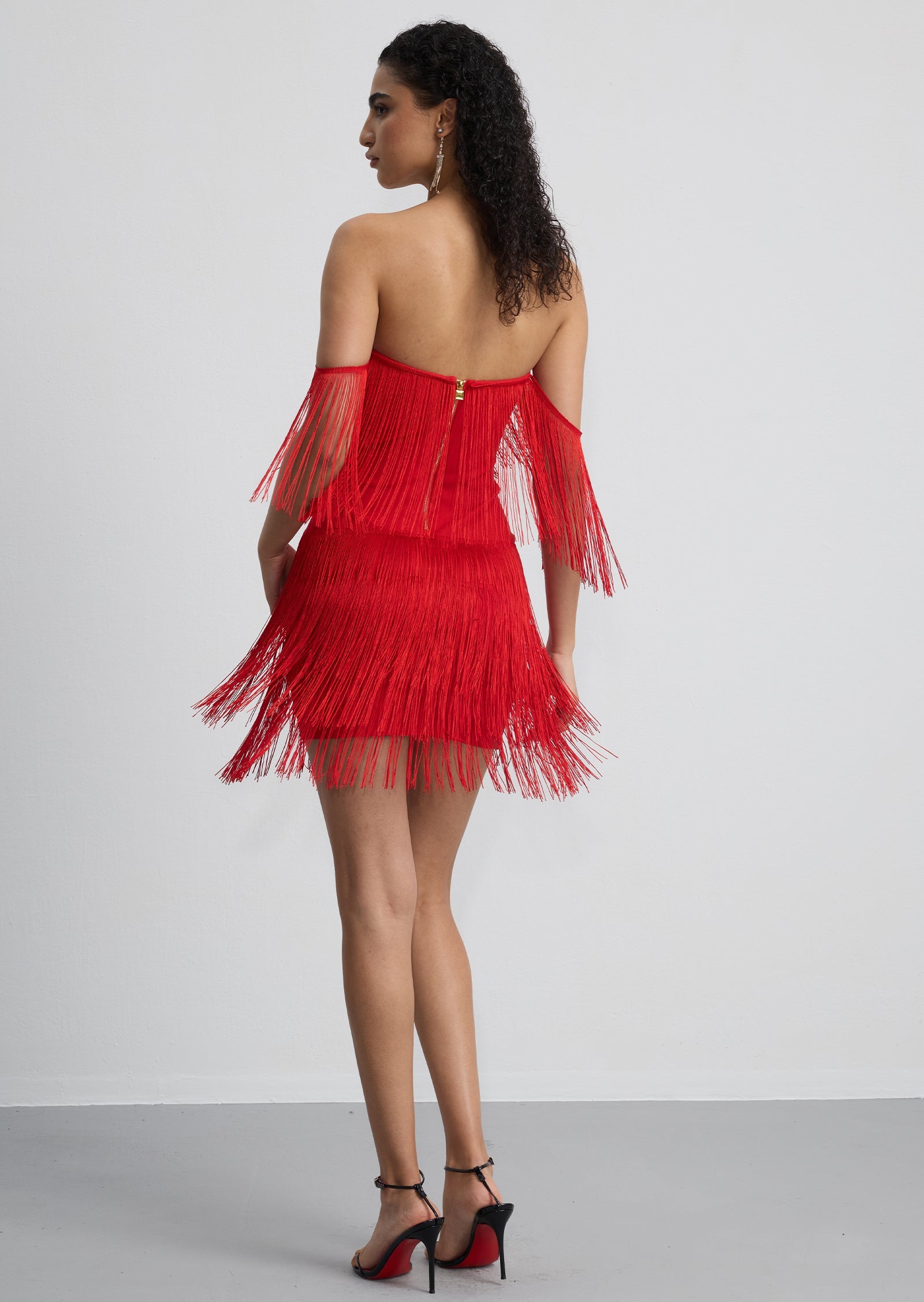 Off Shoulder Fringe Trim Mini Dress