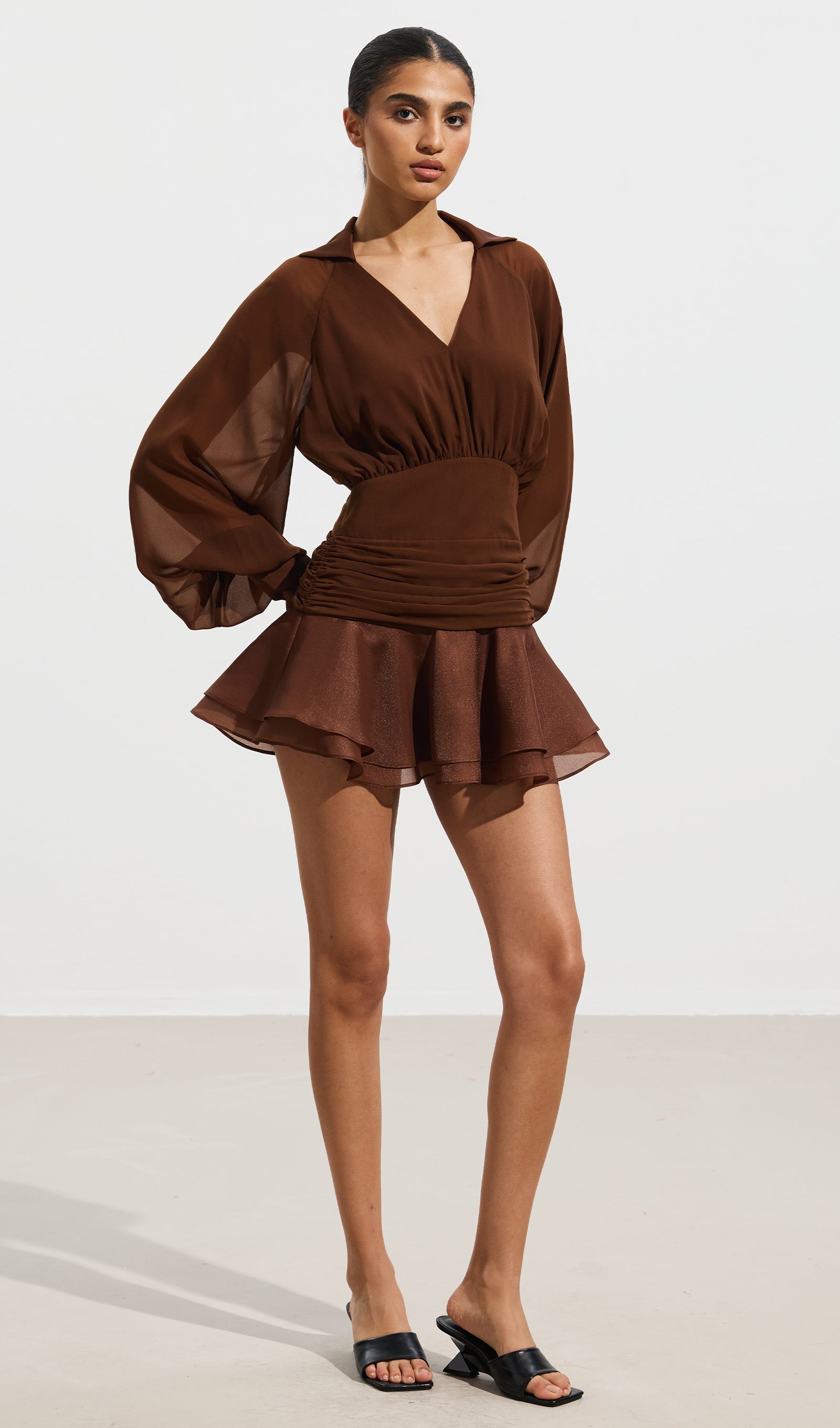 Solid Lantern Sleeve Mini Dress In Coffee