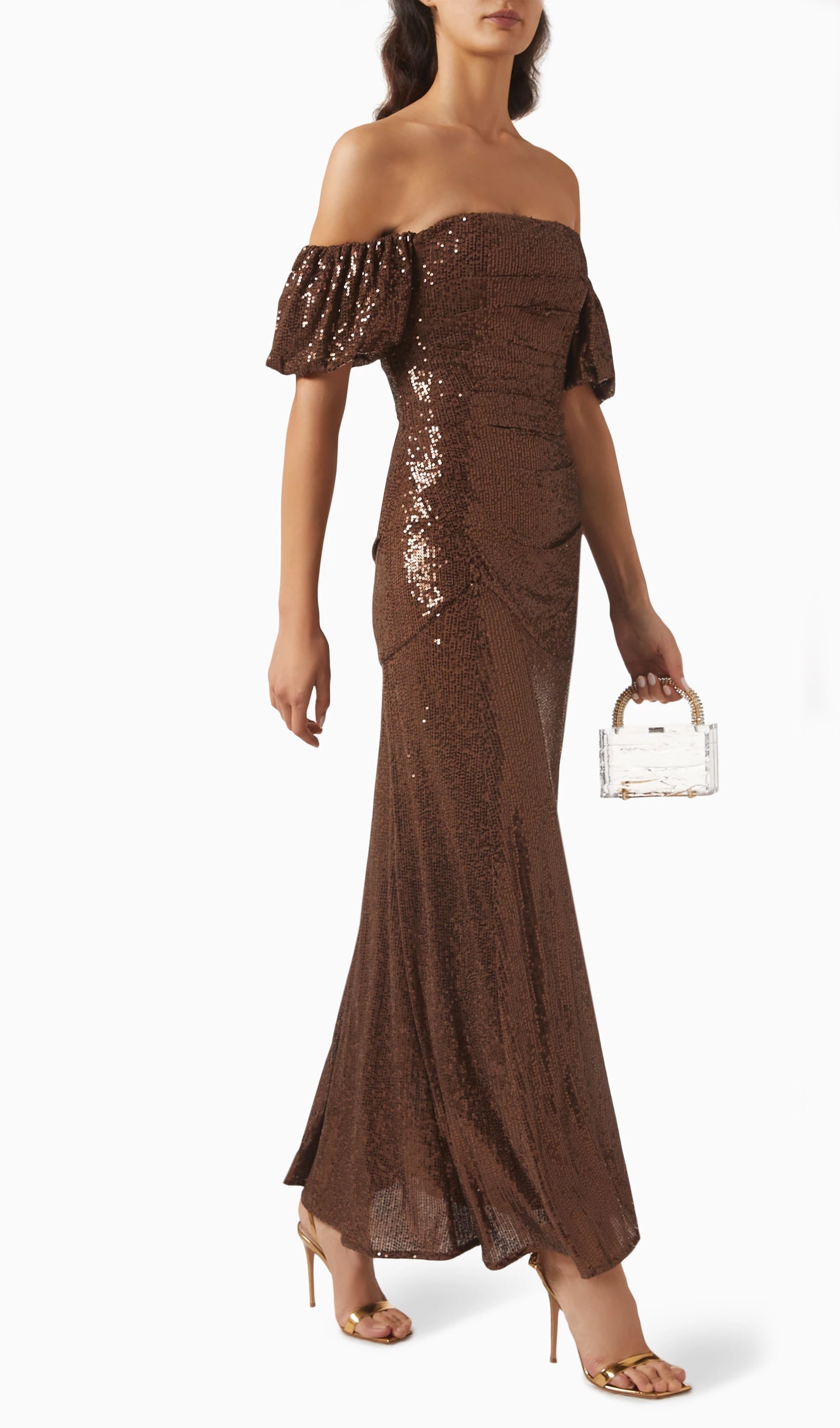 Off Shoulder Stretch Sequin Maxi Dress In Brown