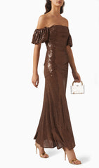 Off Shoulder Stretch Sequin Maxi Dress In Brown