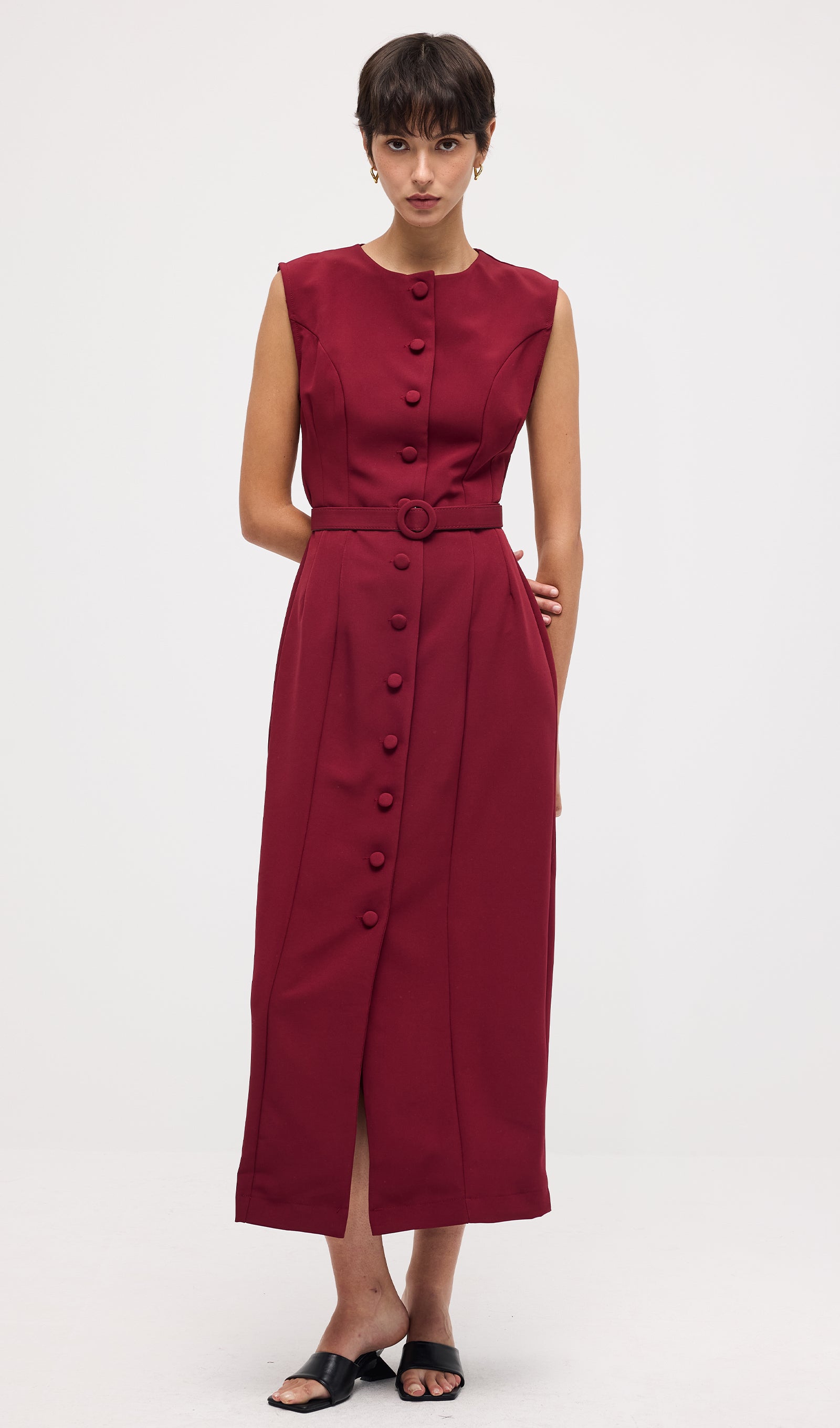 Sleeveless Shift Midi Dress With Belt