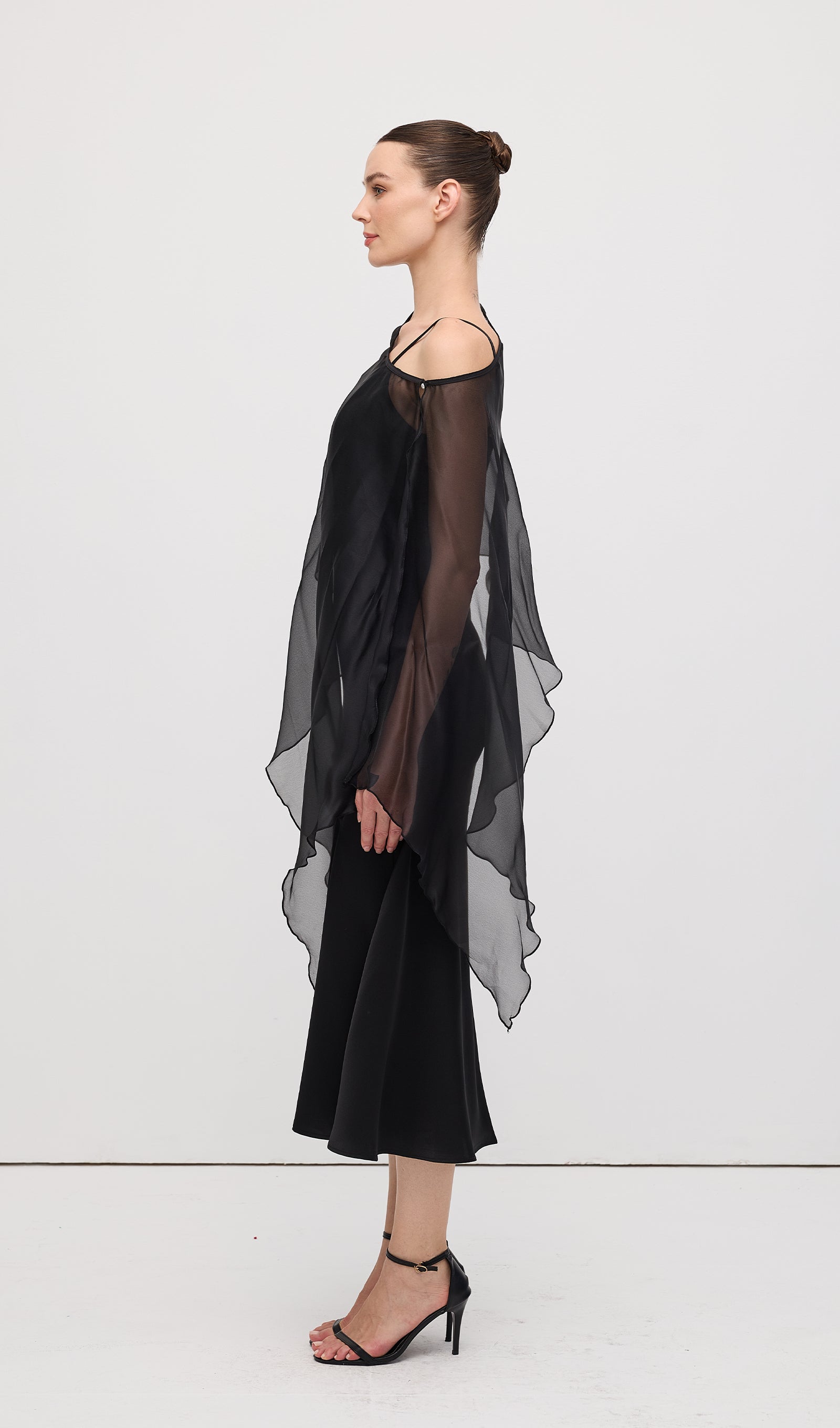 Asymmetric Cape With Satin Midi Dress