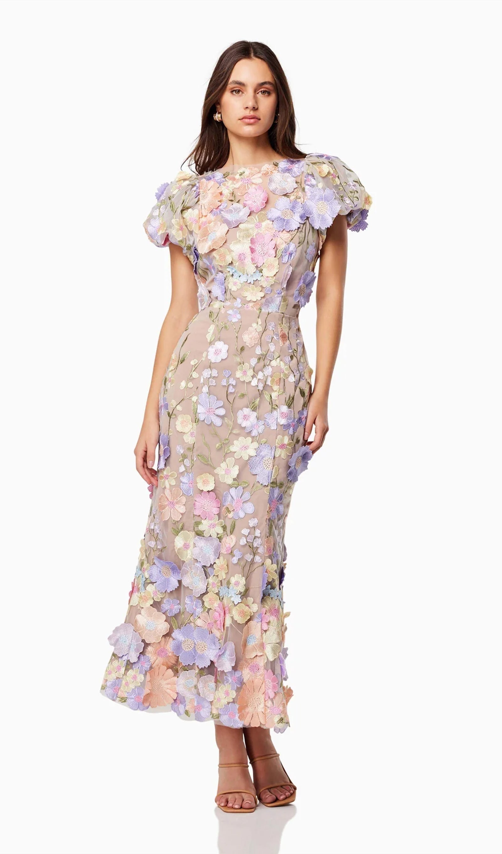 Floral 3D Lace Midi Dress In Purple