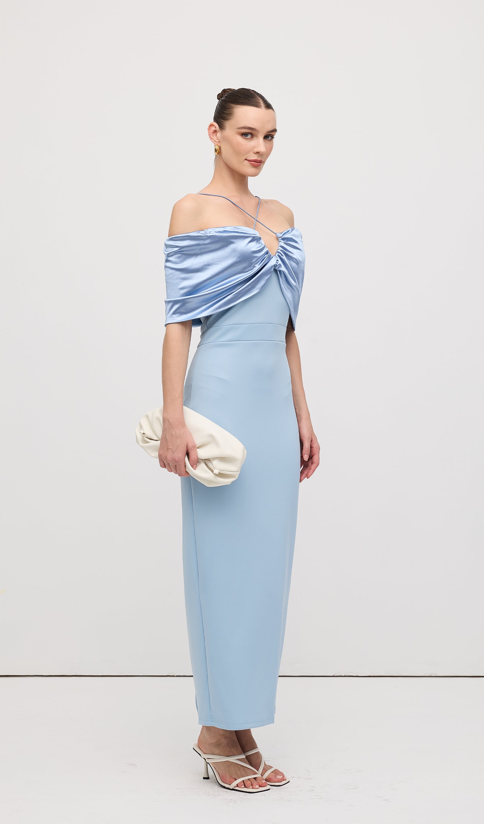 Off Shoulder Draped Satin Maxi Dress