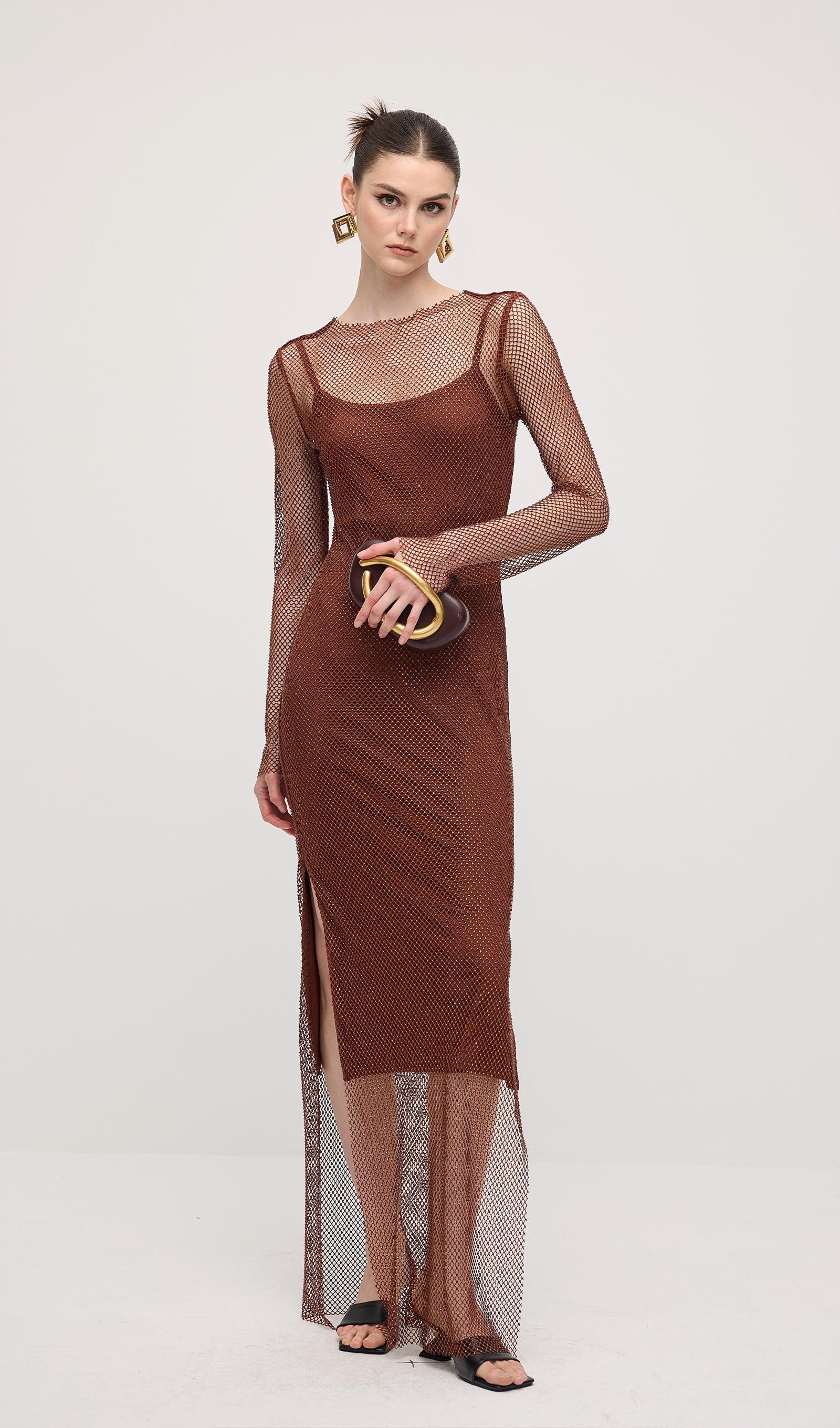 Mesh With Monochrome Lining  Maxi Dress In Coffee