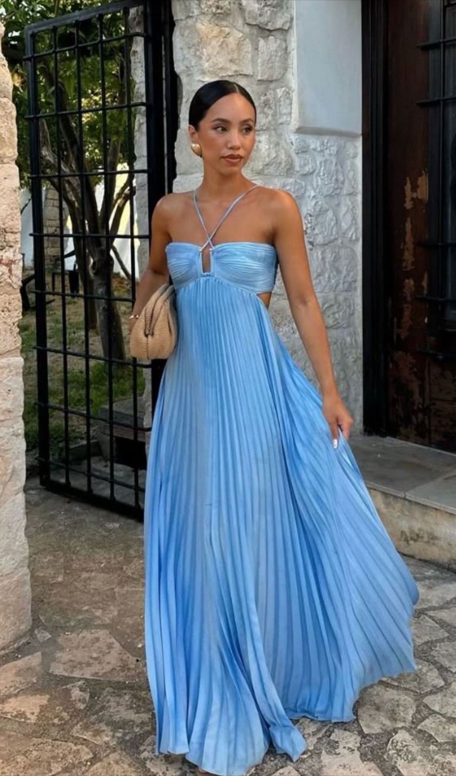 Solid Cut Out Tie Back Plisse Maxi Dress