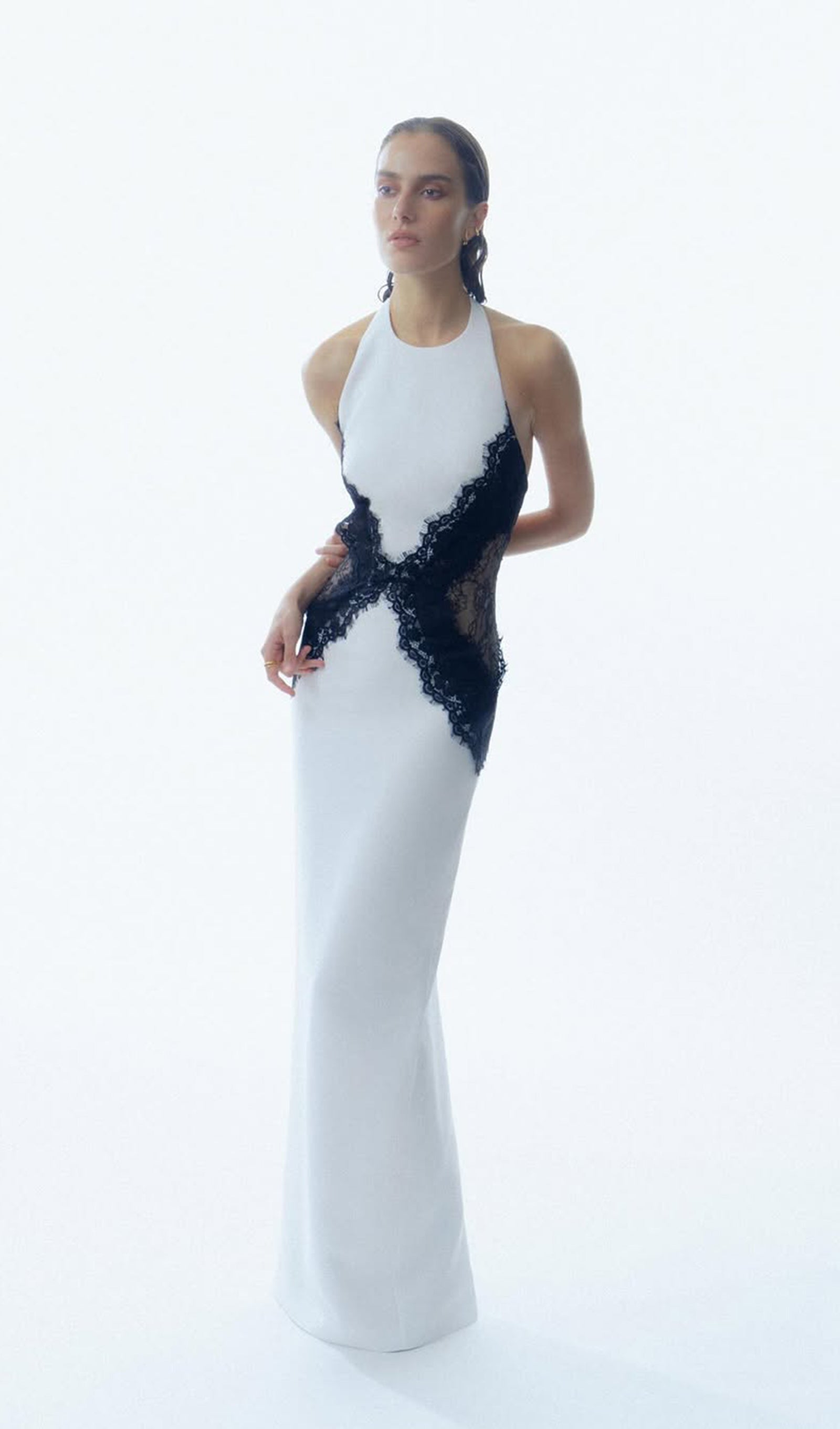 Open Back Maxi Dress In Crepe & Lace