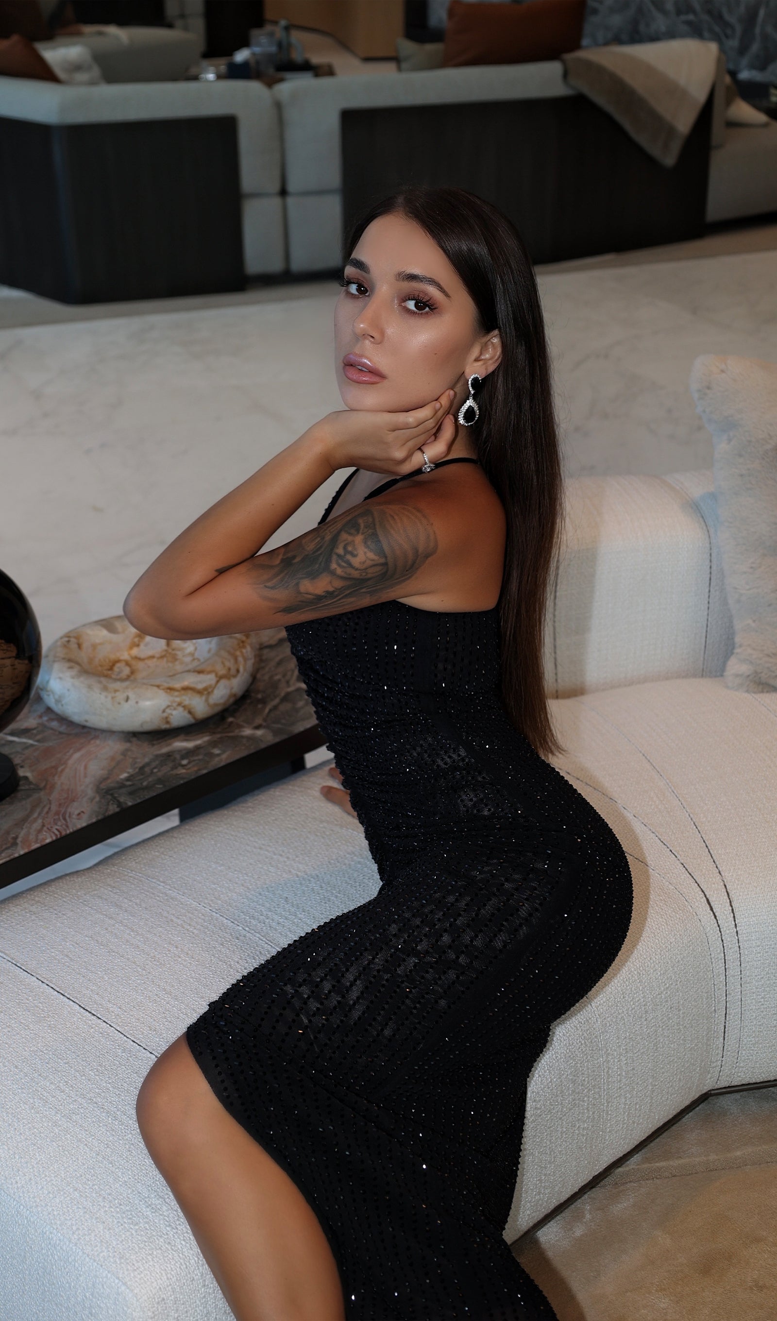 Diamante Ruched Midi Dress In Black