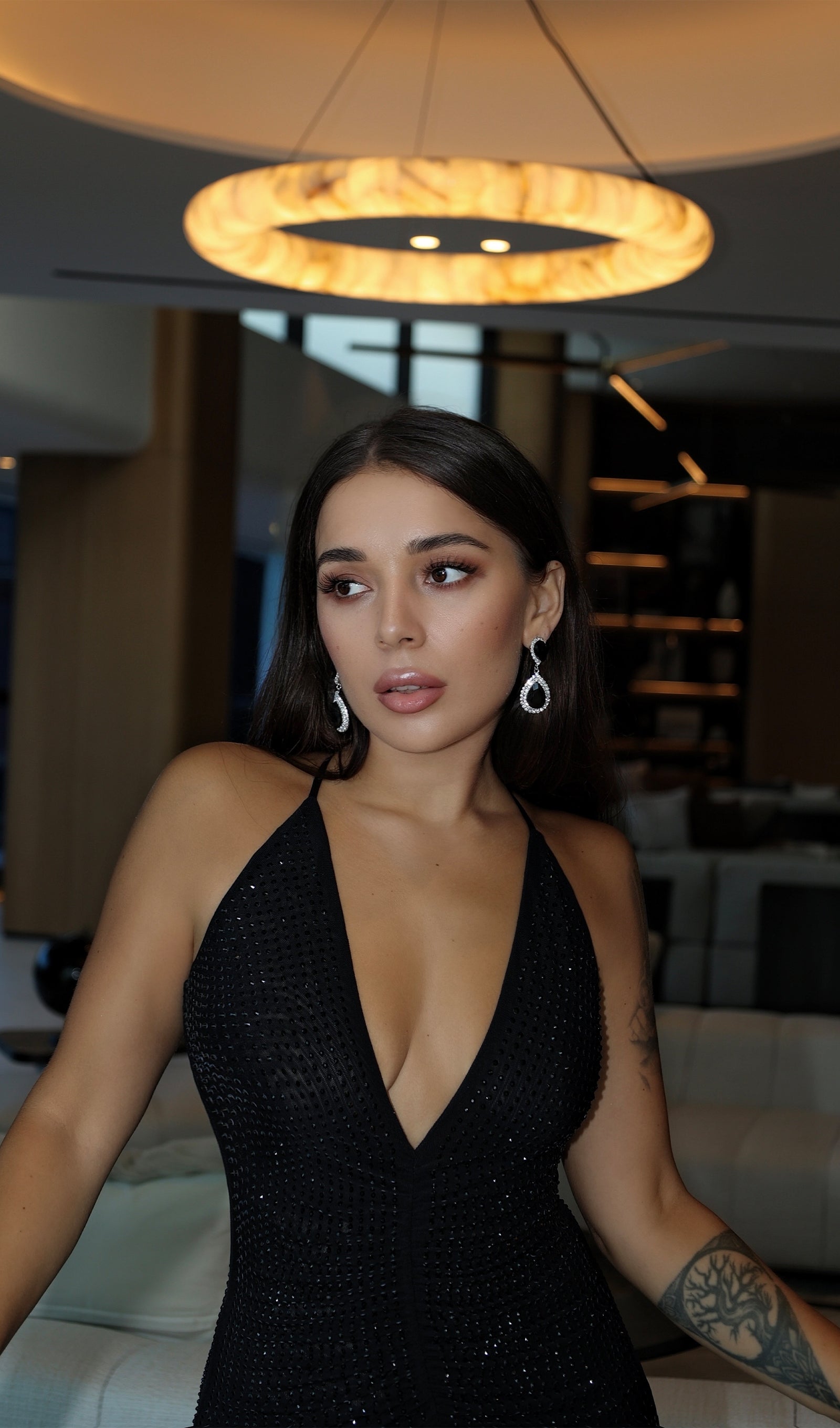 Diamante Ruched Midi Dress In Black