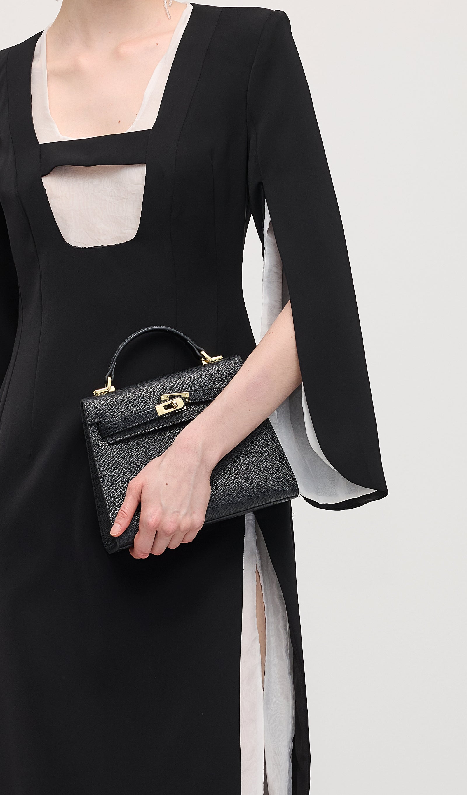 Slit Square Shoulder Midi Dress In Black