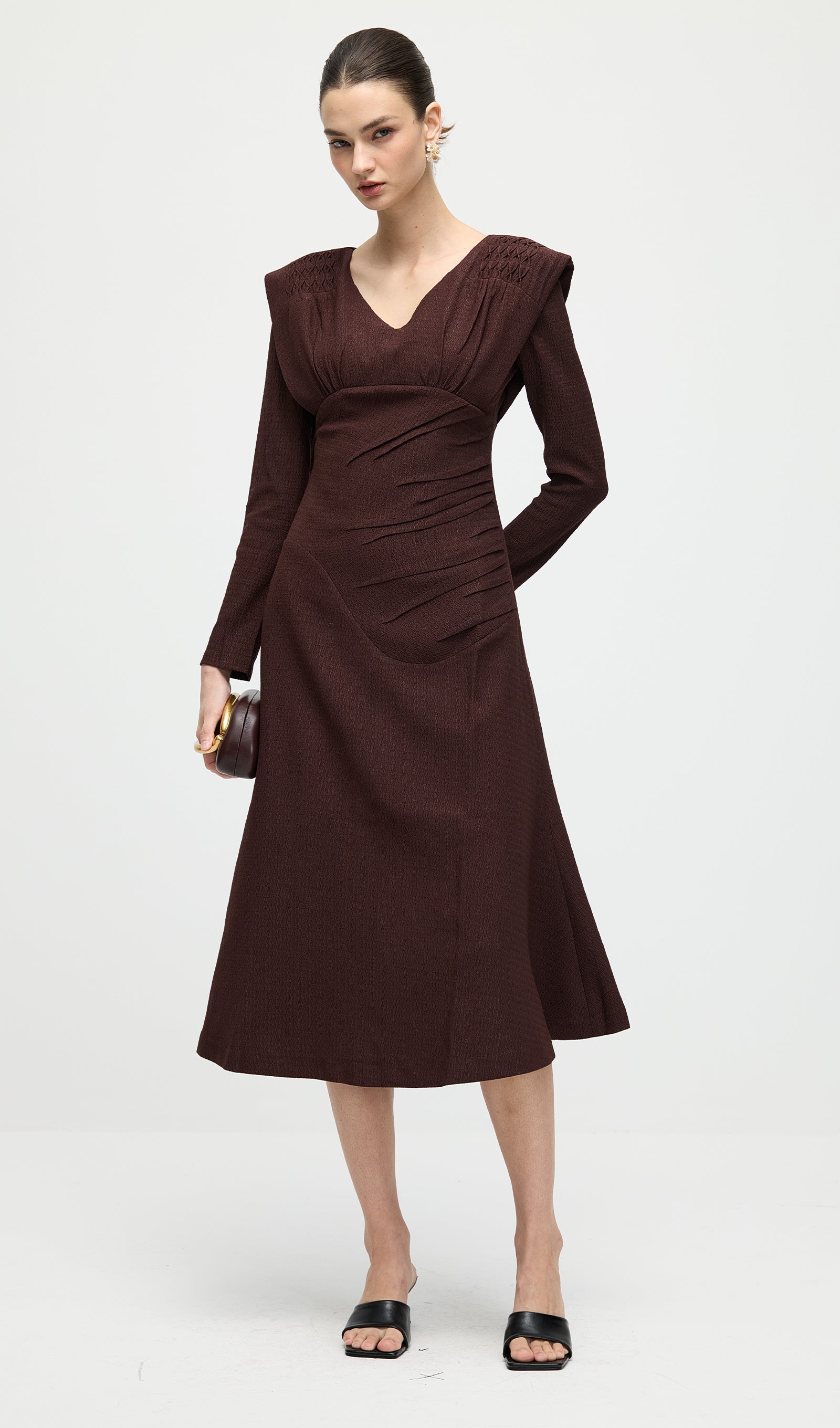 Long Sleeve Smocking Shoulder Midi Dress In Coffee