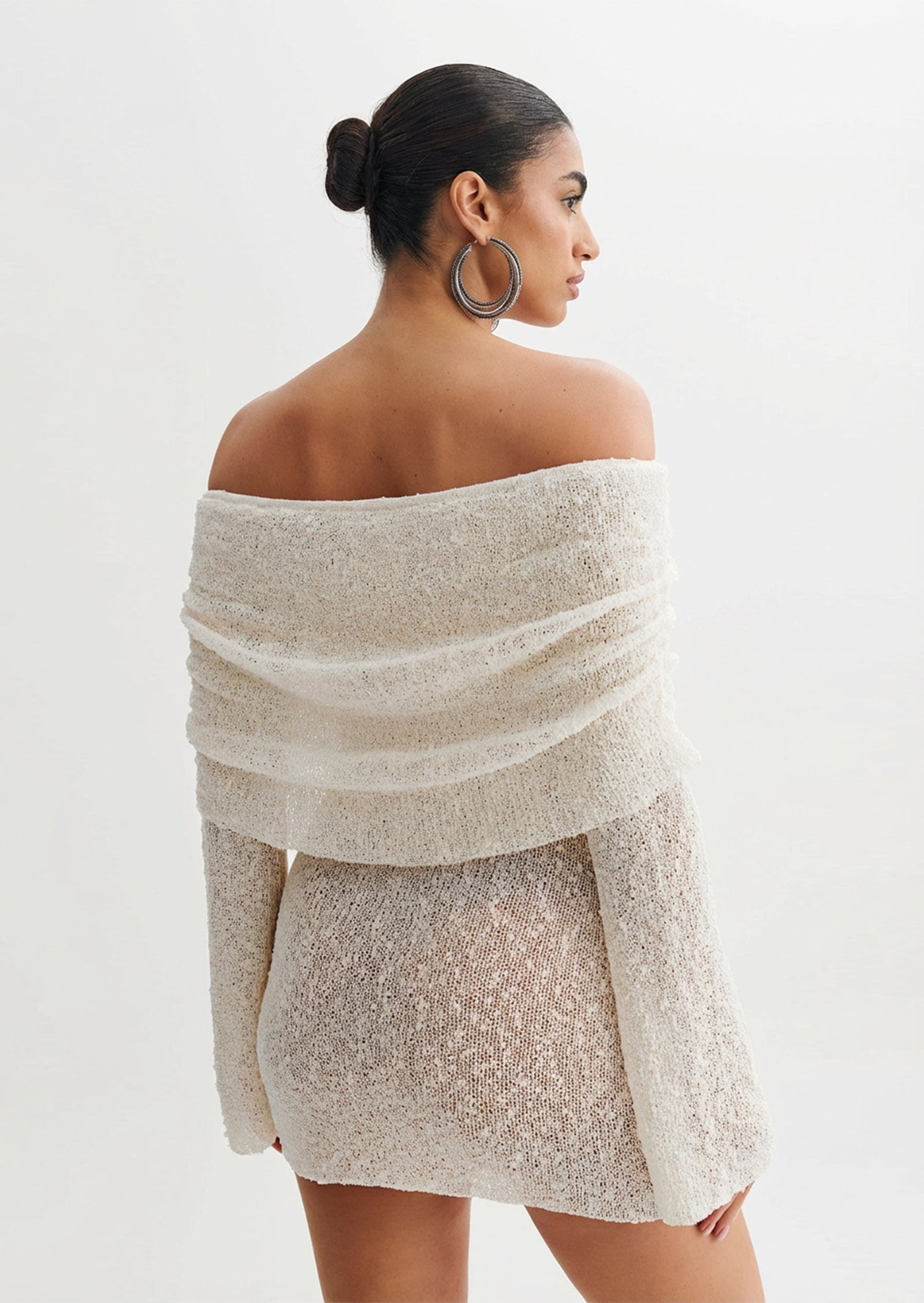 Off Shoulder Boucle Knit Mini Dress In Ivory