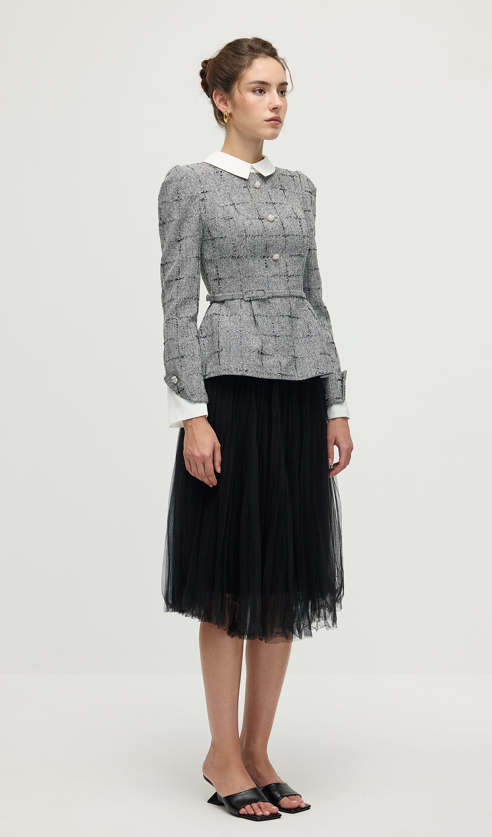 Peplum Tweed Top & Mesh Midi Skirt Set