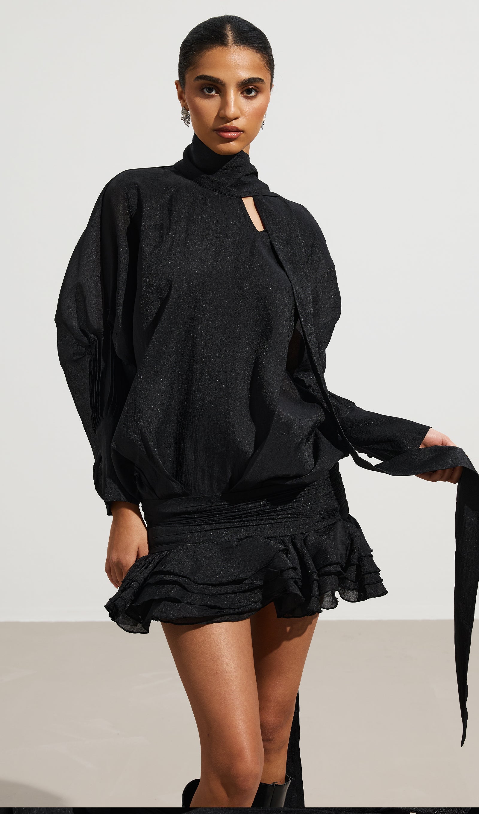 High Neck Tiered Mini Dress In Black