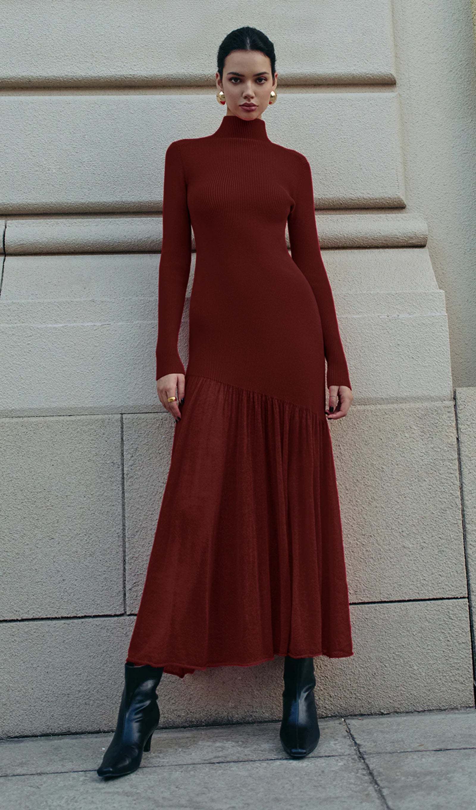 Mock Neck Pleated Panel Sweater Dress In Red Brown