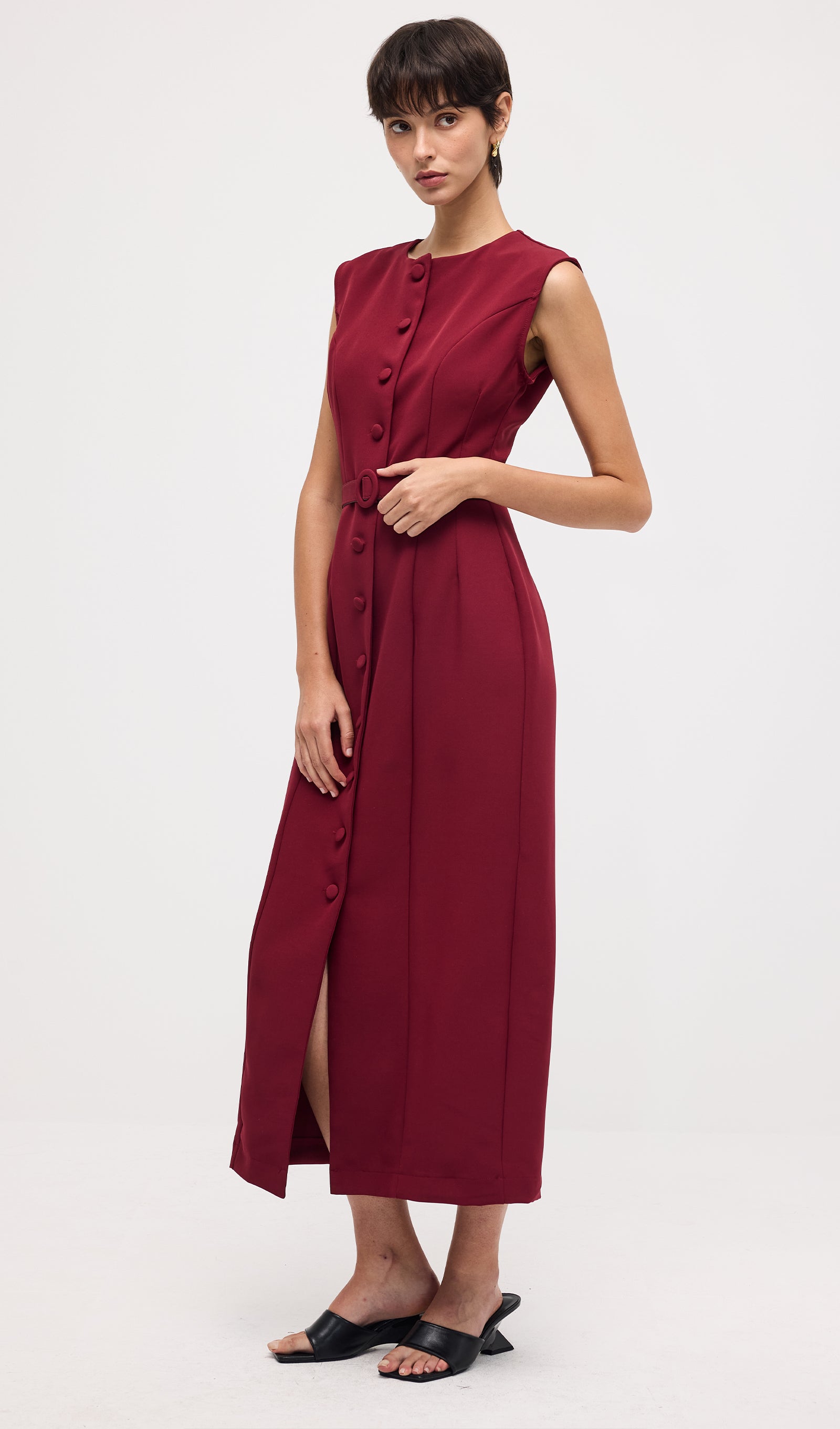 Sleeveless Shift Midi Dress With Belt