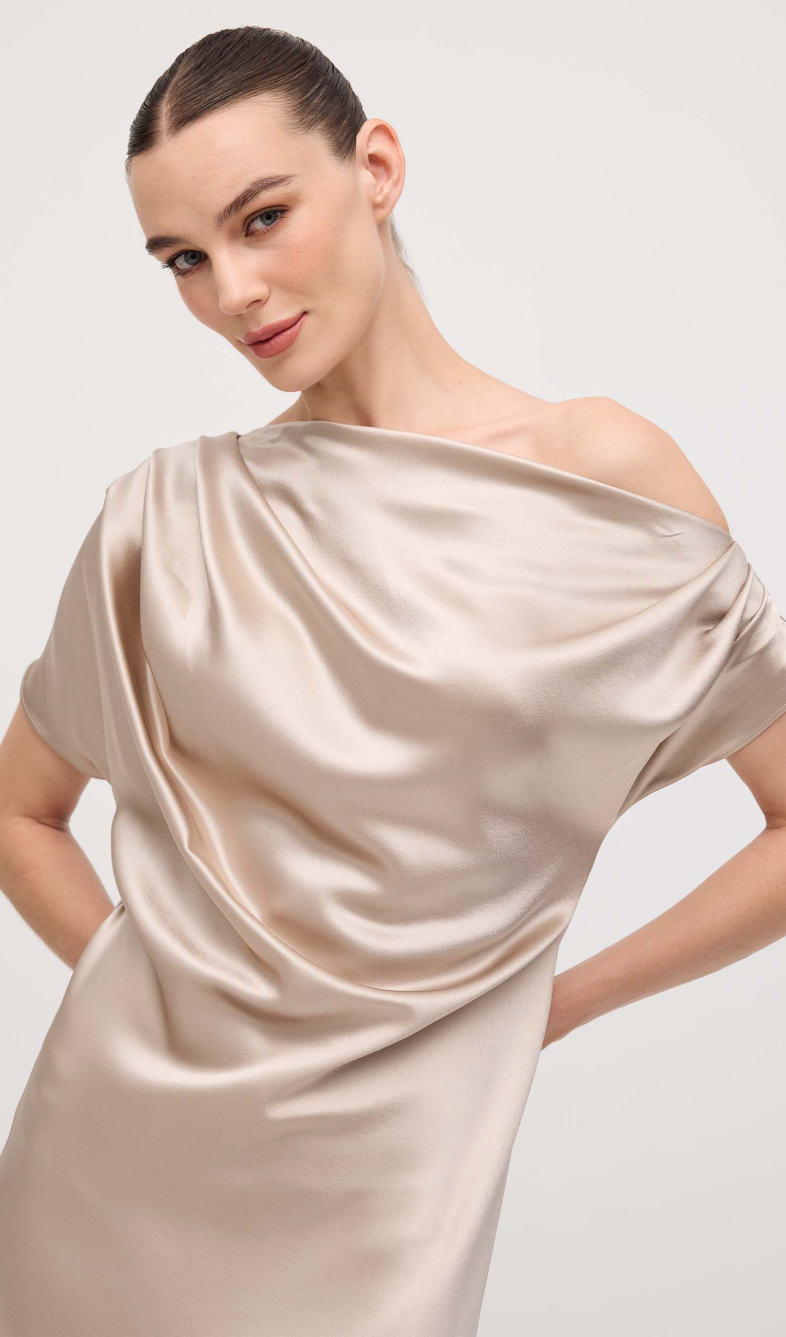 Asymmetric Satin Draped Midi Dress