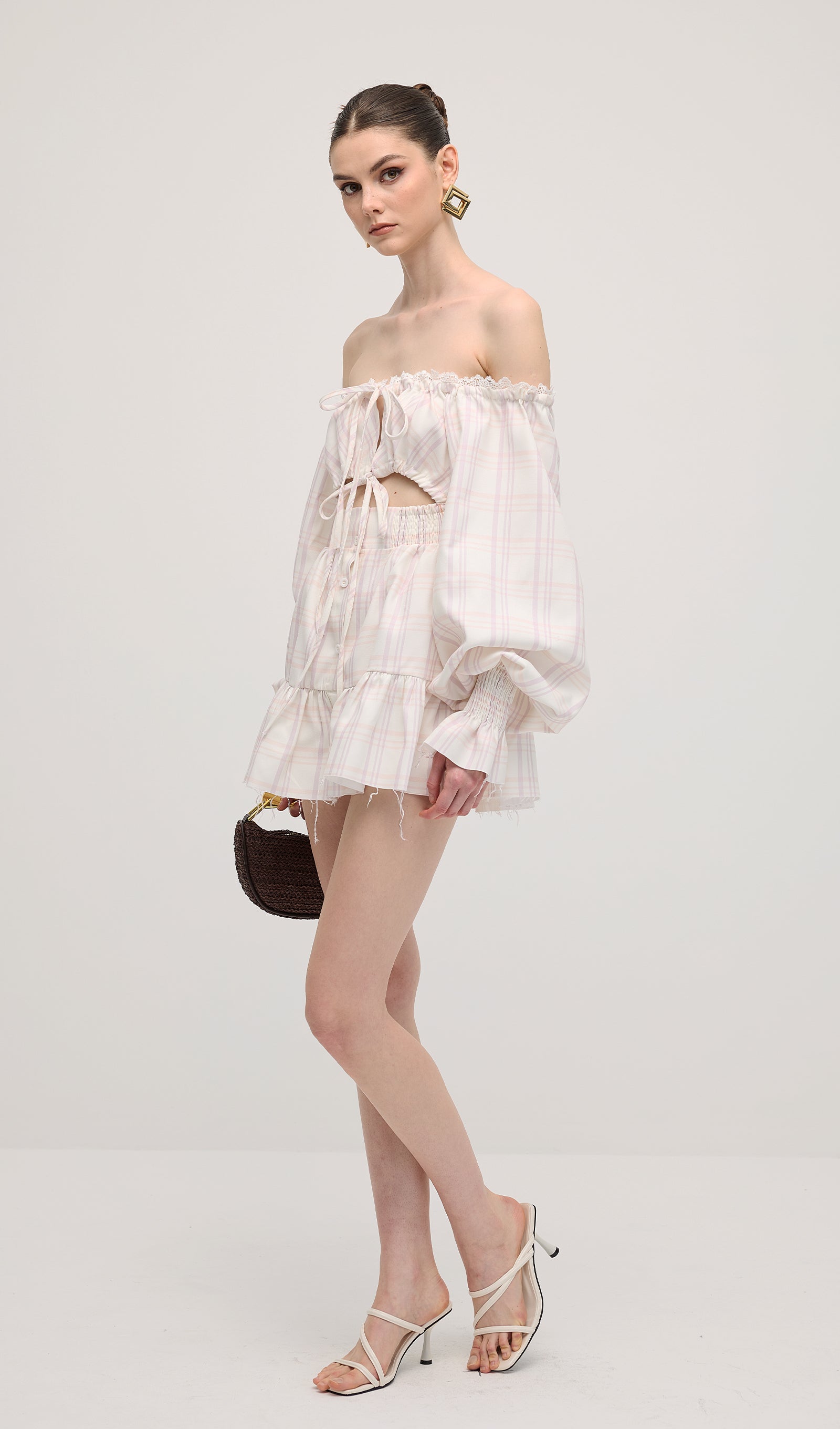 Lace Up Mini Dress Two Piece Set In Grid