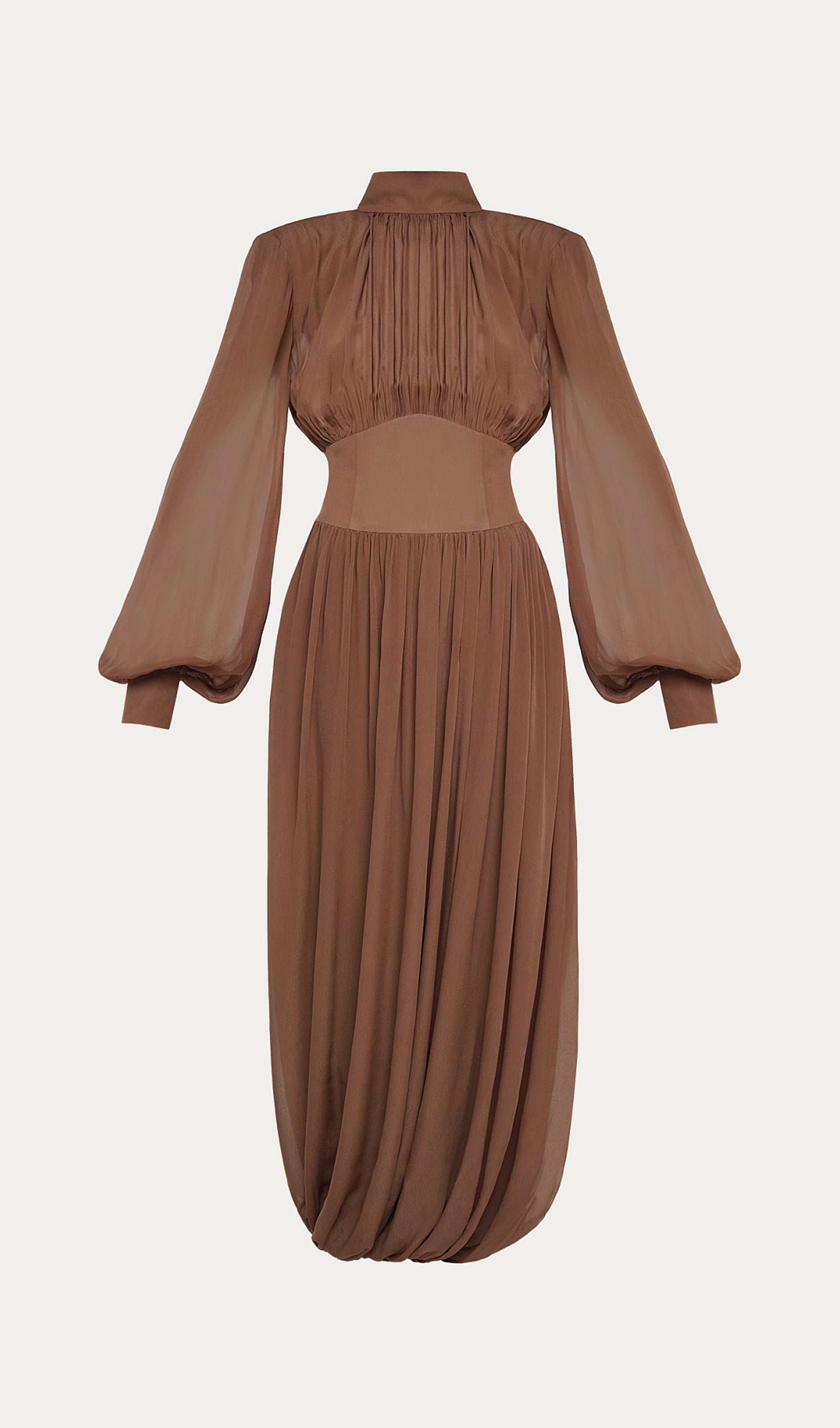 Long Sleeve Chiffon Midi Dress With Gathered