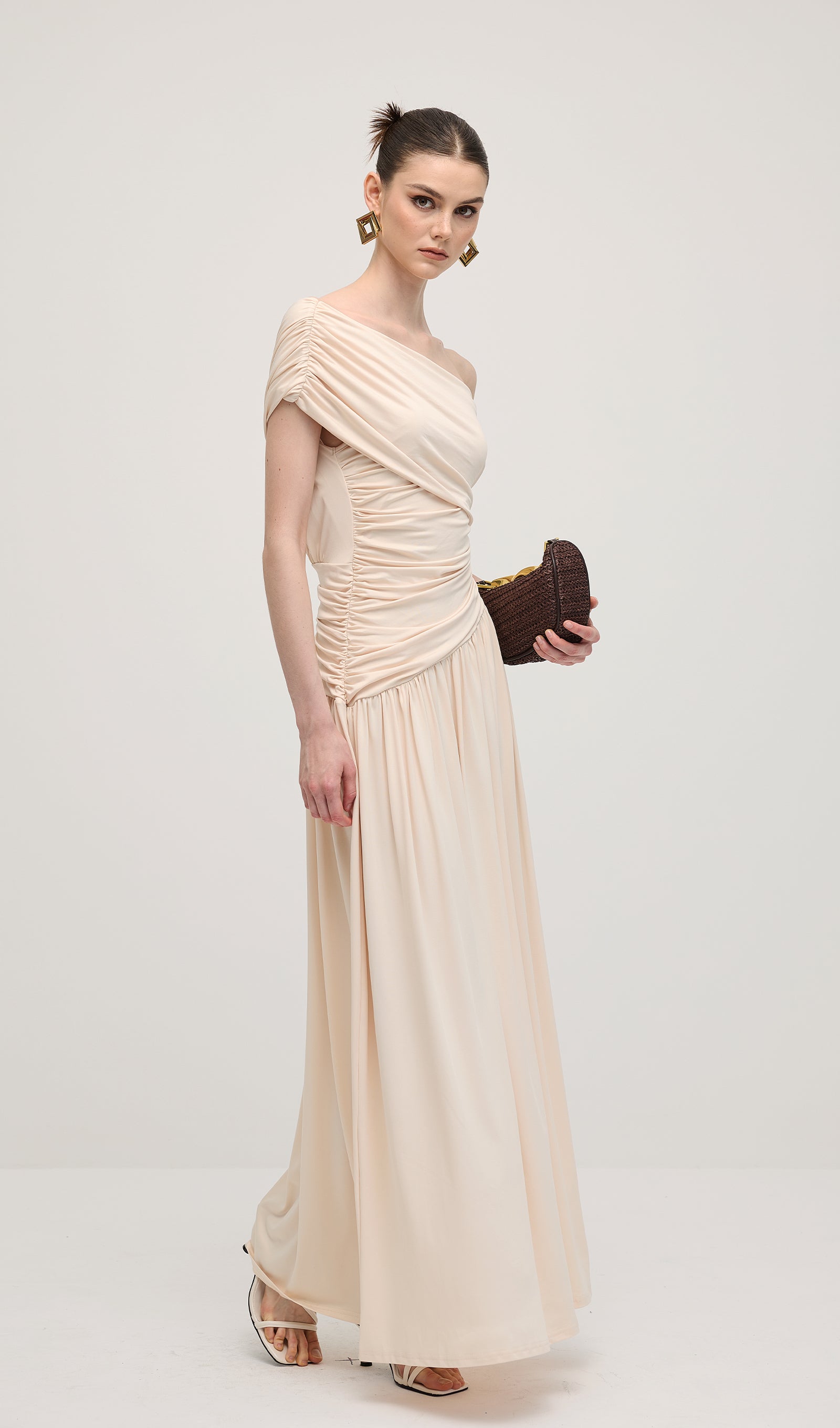Off Shoulder Pleated Maxi Dress In Dune