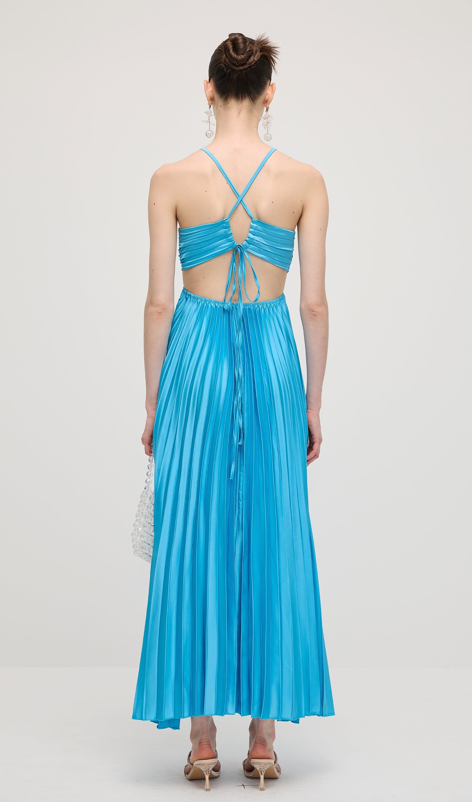 Solid Cut Out Tie Back Plisse Maxi Dress In Blue