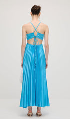 Solid Cut Out Tie Back Plisse Maxi Dress In Blue