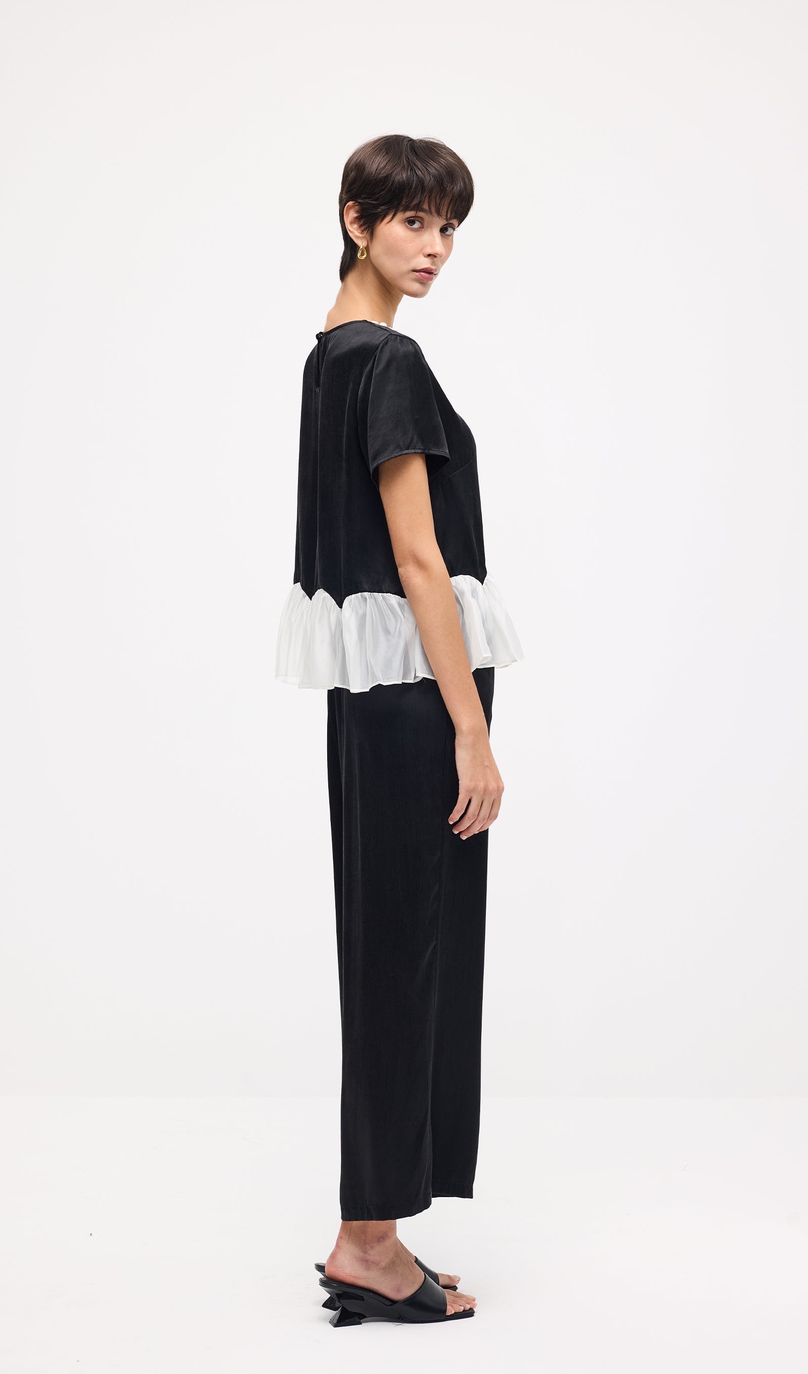 Short Sleeve Top & Maxi Pants Set In Black