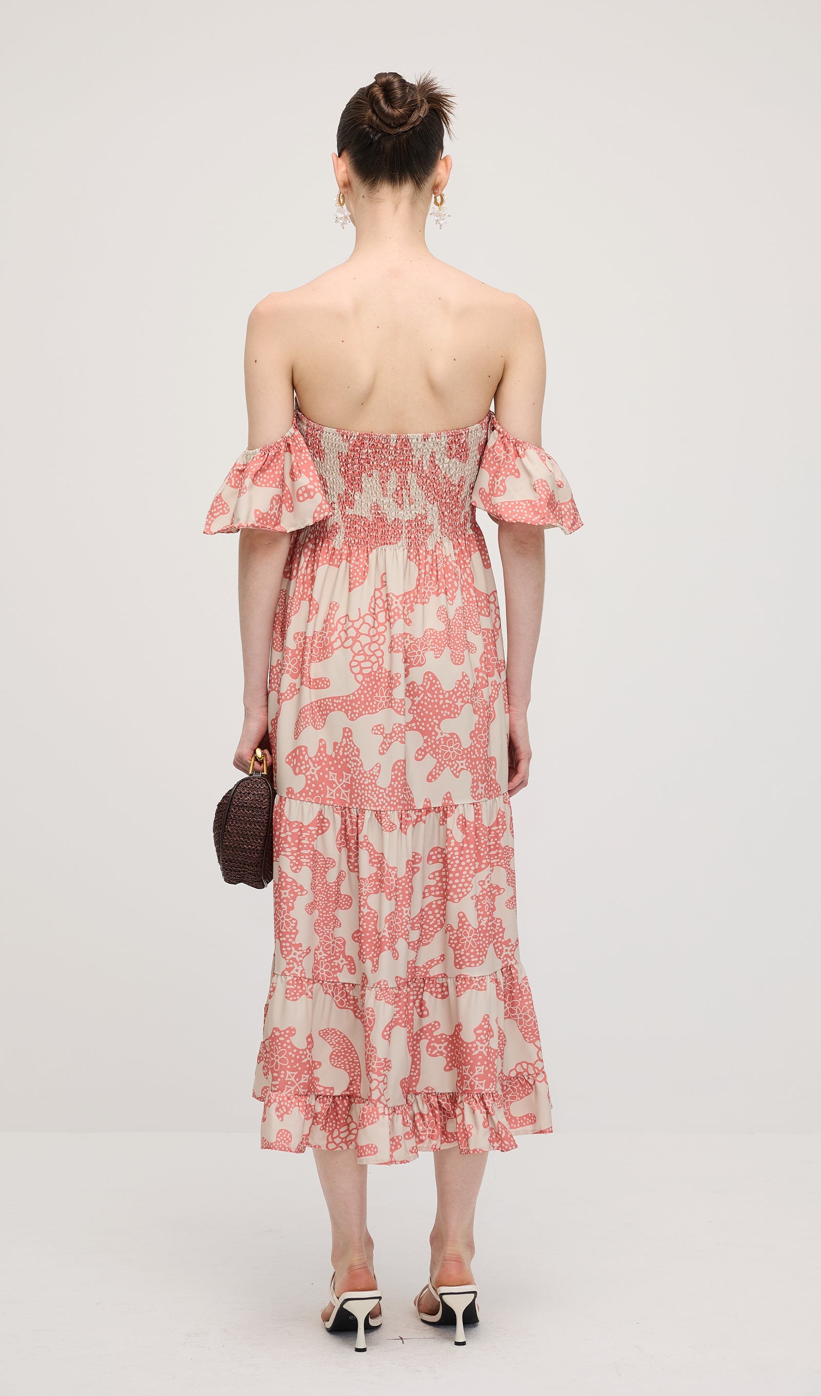 Off Shoulder Smocked Ruffle Printed Midi Dress