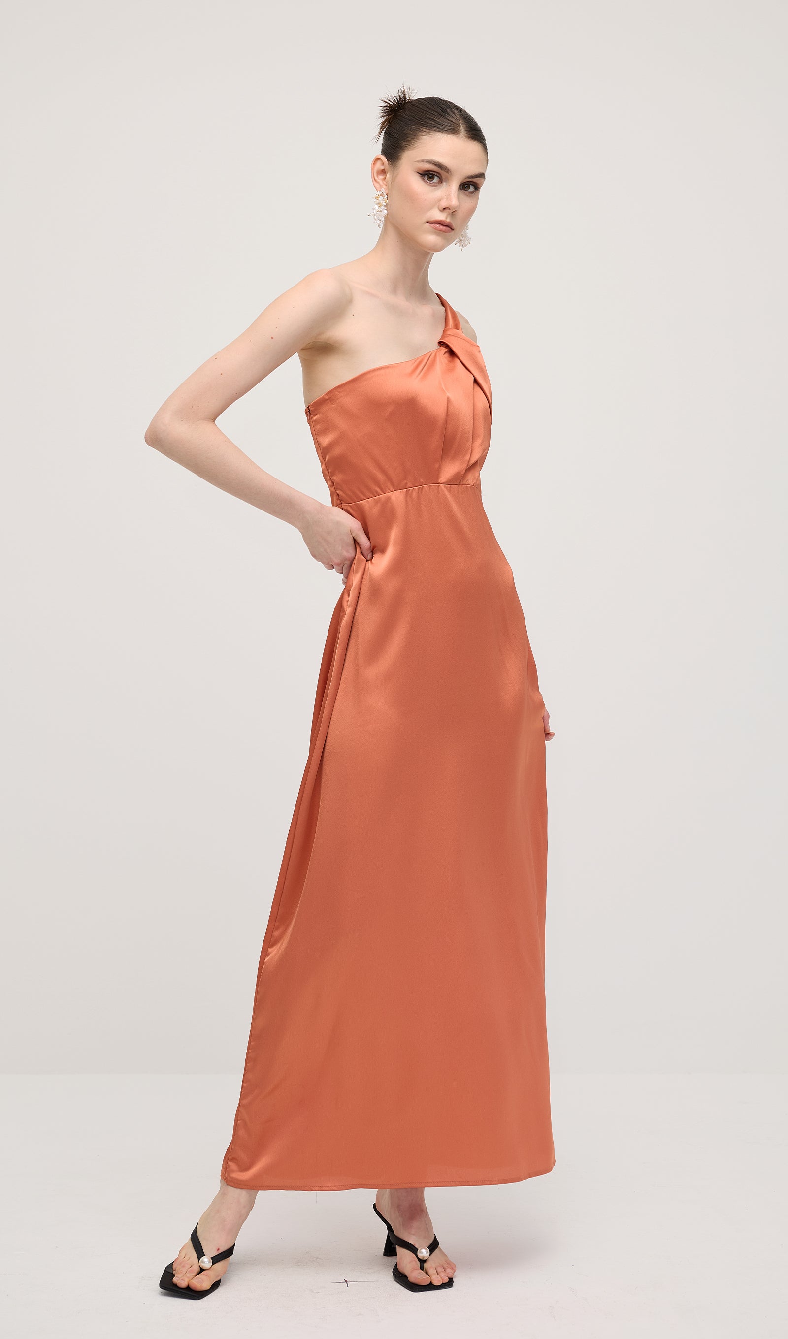 One Shoulder Draping Feature Midi Dress In Rose Brown