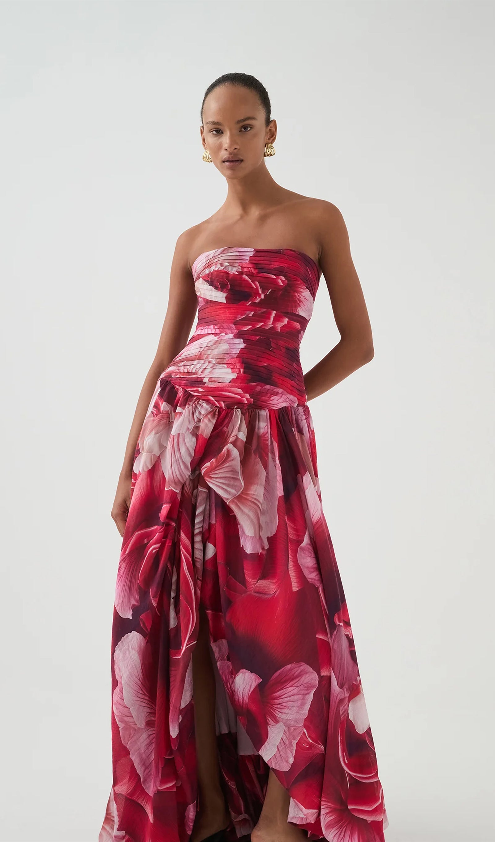 Off Shoulder Ruched Draped Split Maxi Dress