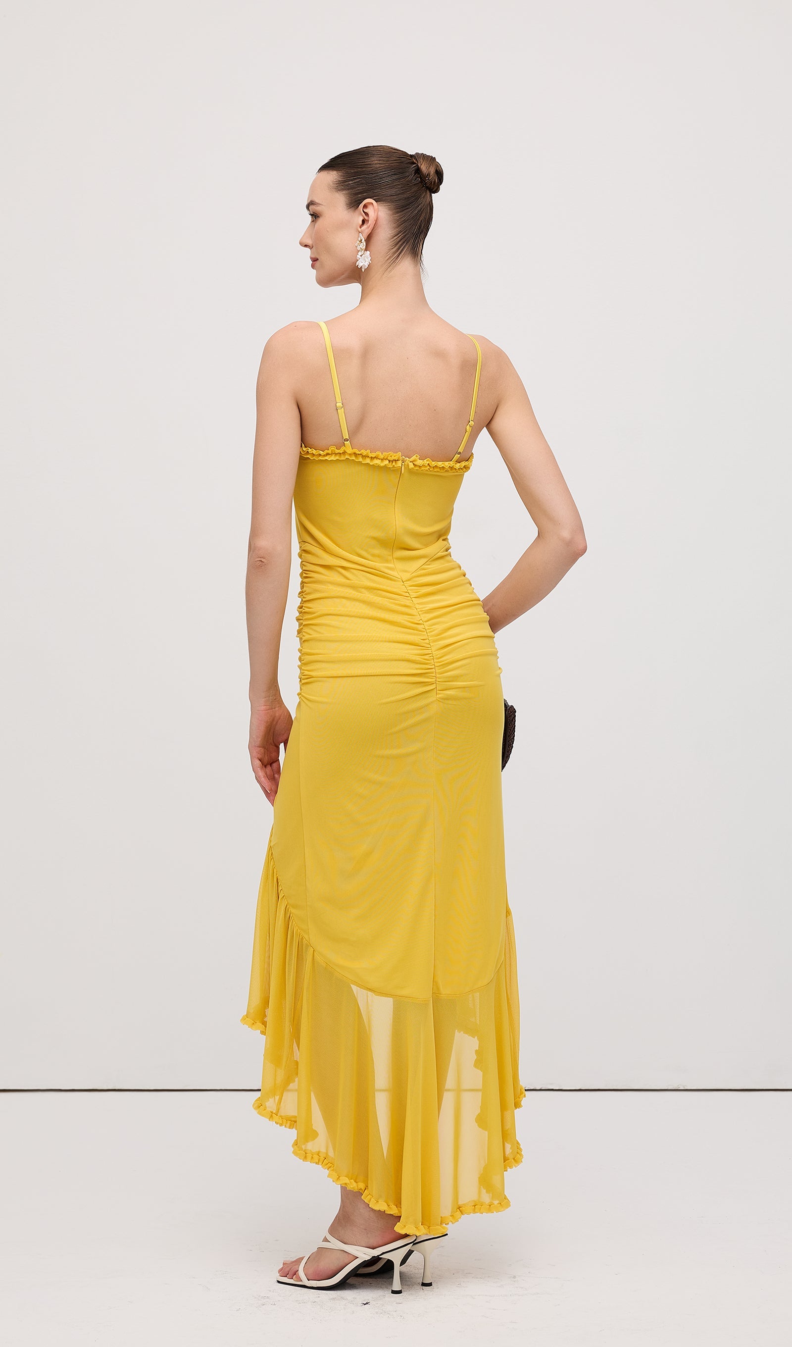 Mesh Ruffled Front Gown Maxi Dress Yellow