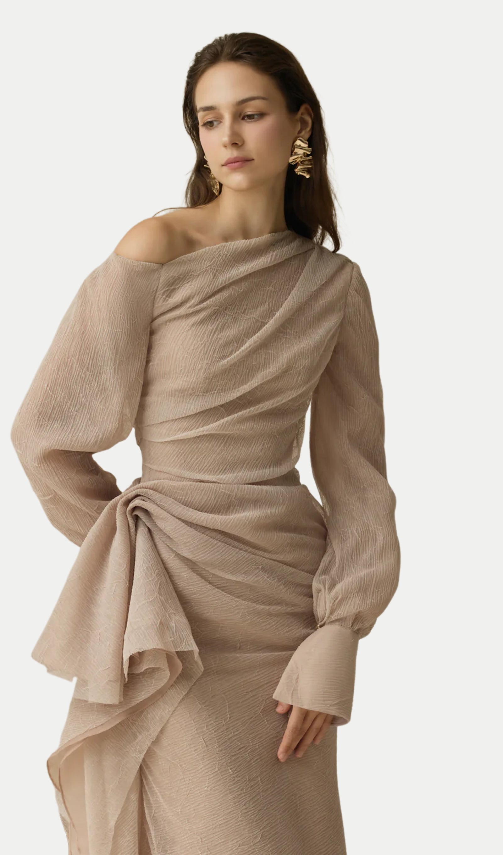 Asymmetric Neck Draped Midi Dress