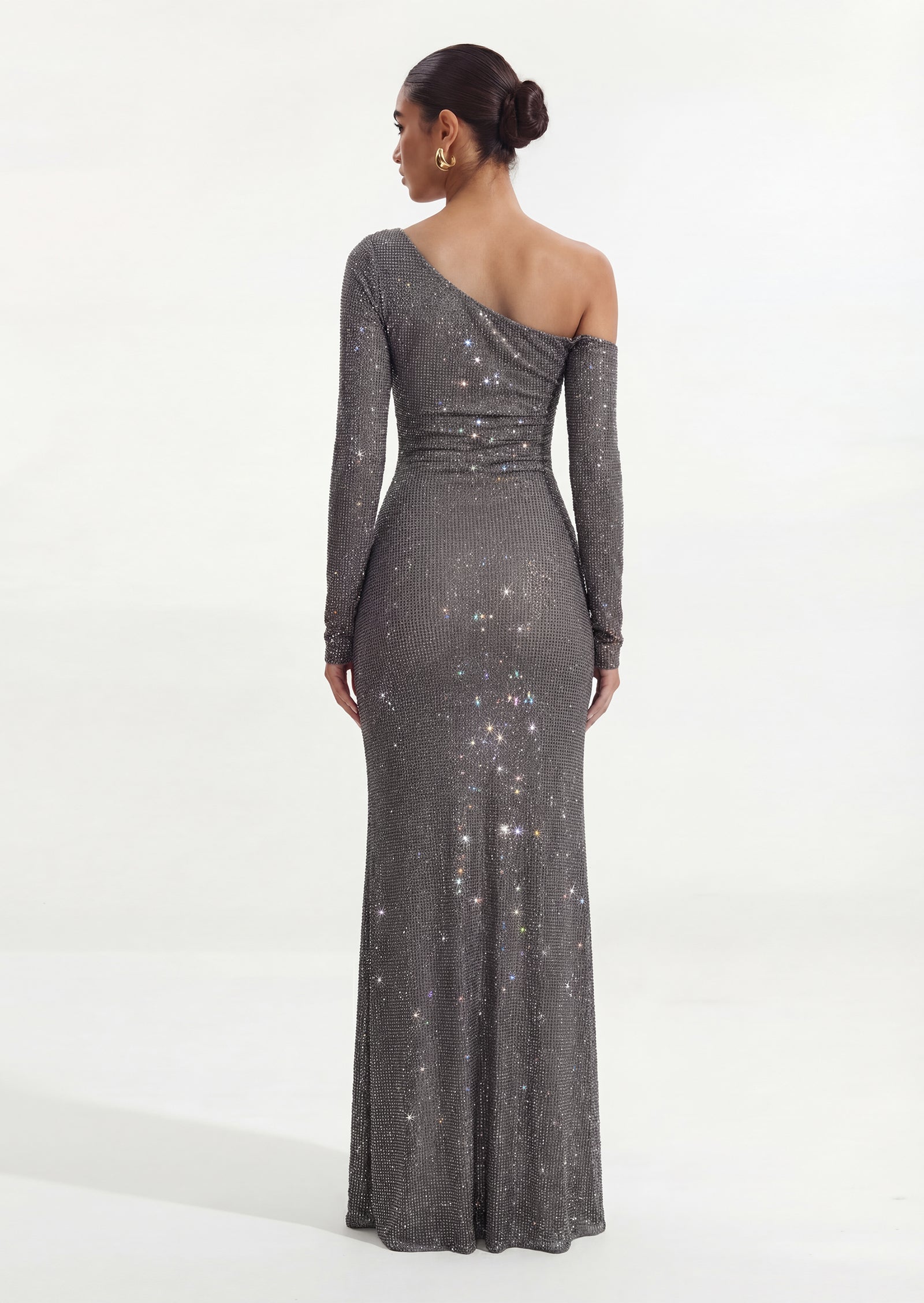 Diamante Long Sleeve Maxi Dress In Gunmetal