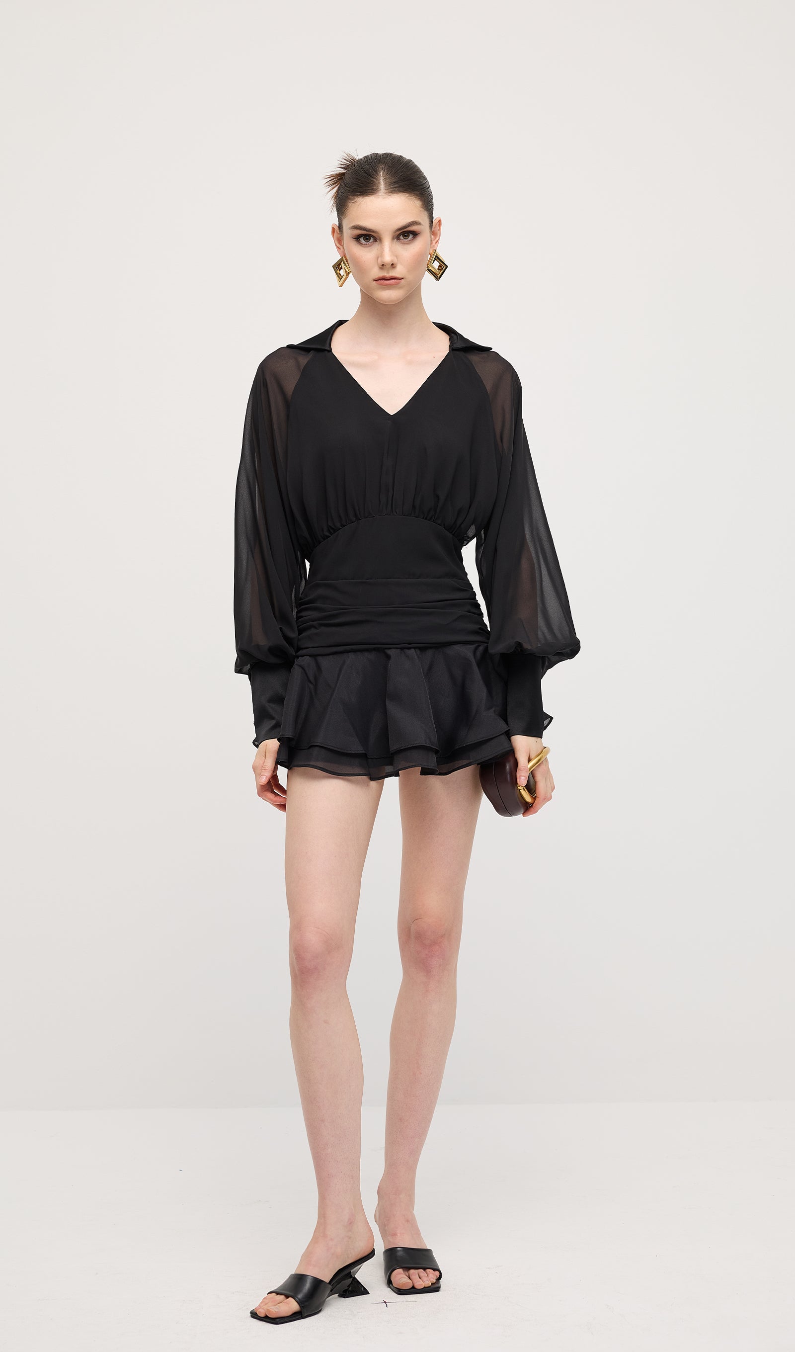 Solid Lantern Sleeve Mini Dress Black