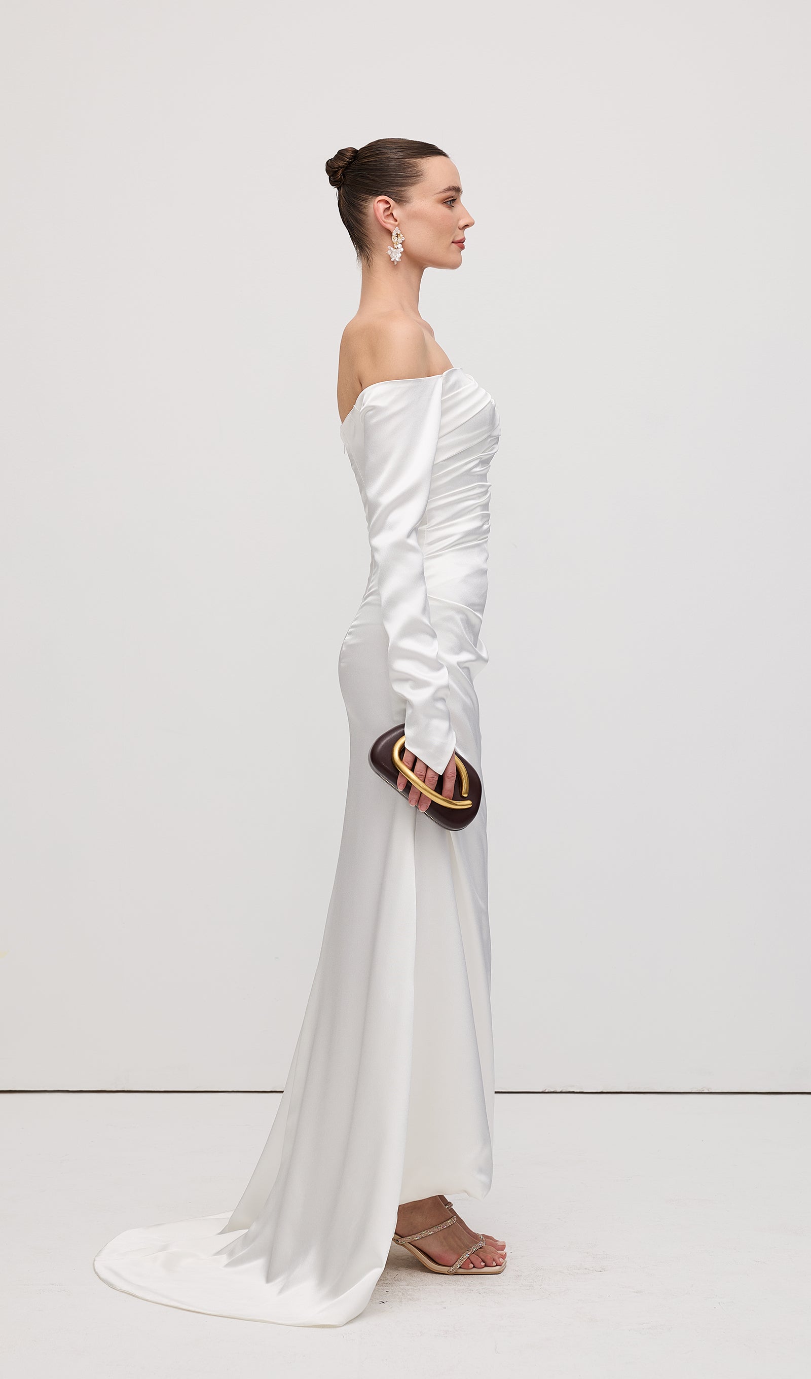 Satin Off Shoulder Ruched Maxi Dress