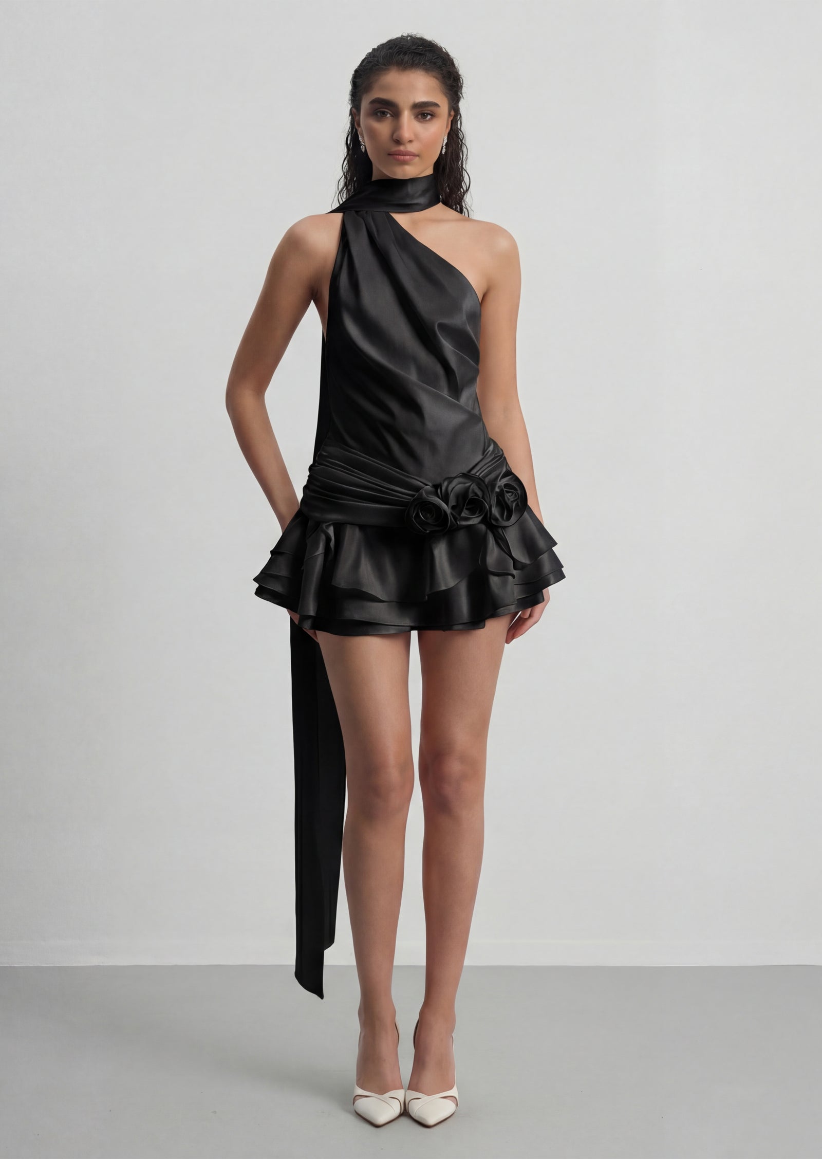 One Shoulder Tiered Ruffle Mini Dress In Black