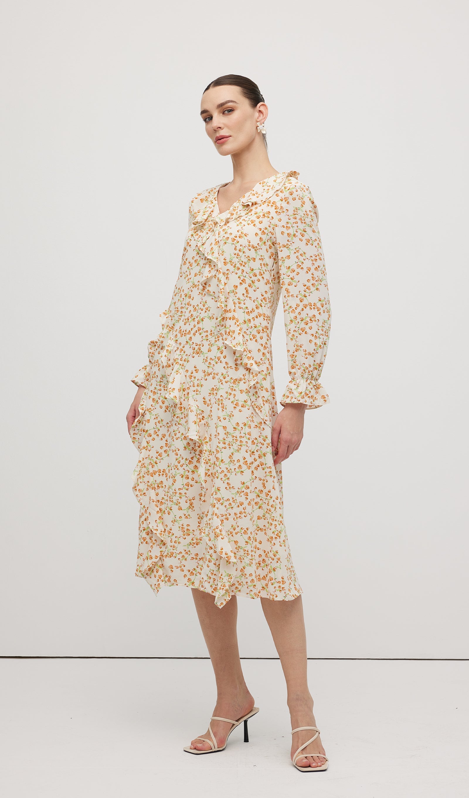 Floral V Neck Ruffled Midi Dress