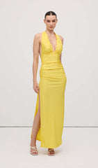 Halter V Neck Slit Midi Dress