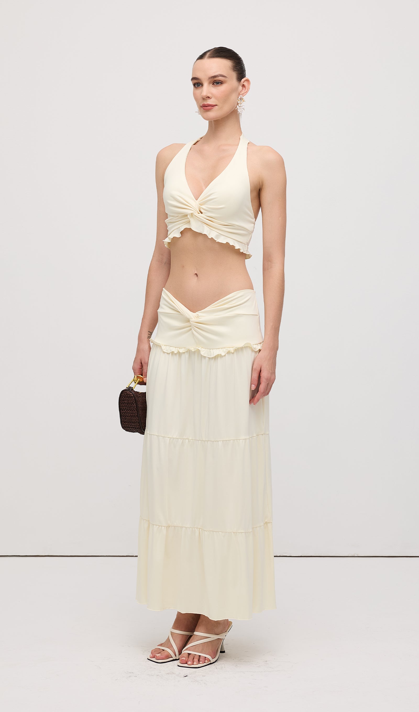 Halter Top & Twist Ruffled Maxi Skirt Sets White