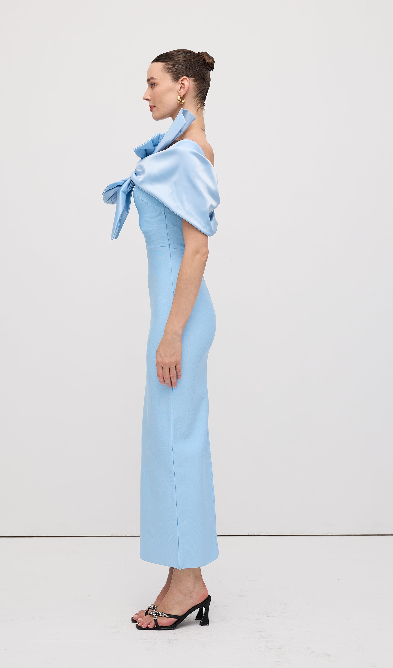 Shawl Strapless Collar Satin Maxi Dress