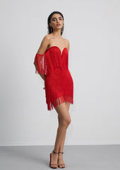 Off Shoulder Fringe Trim Mini Dress