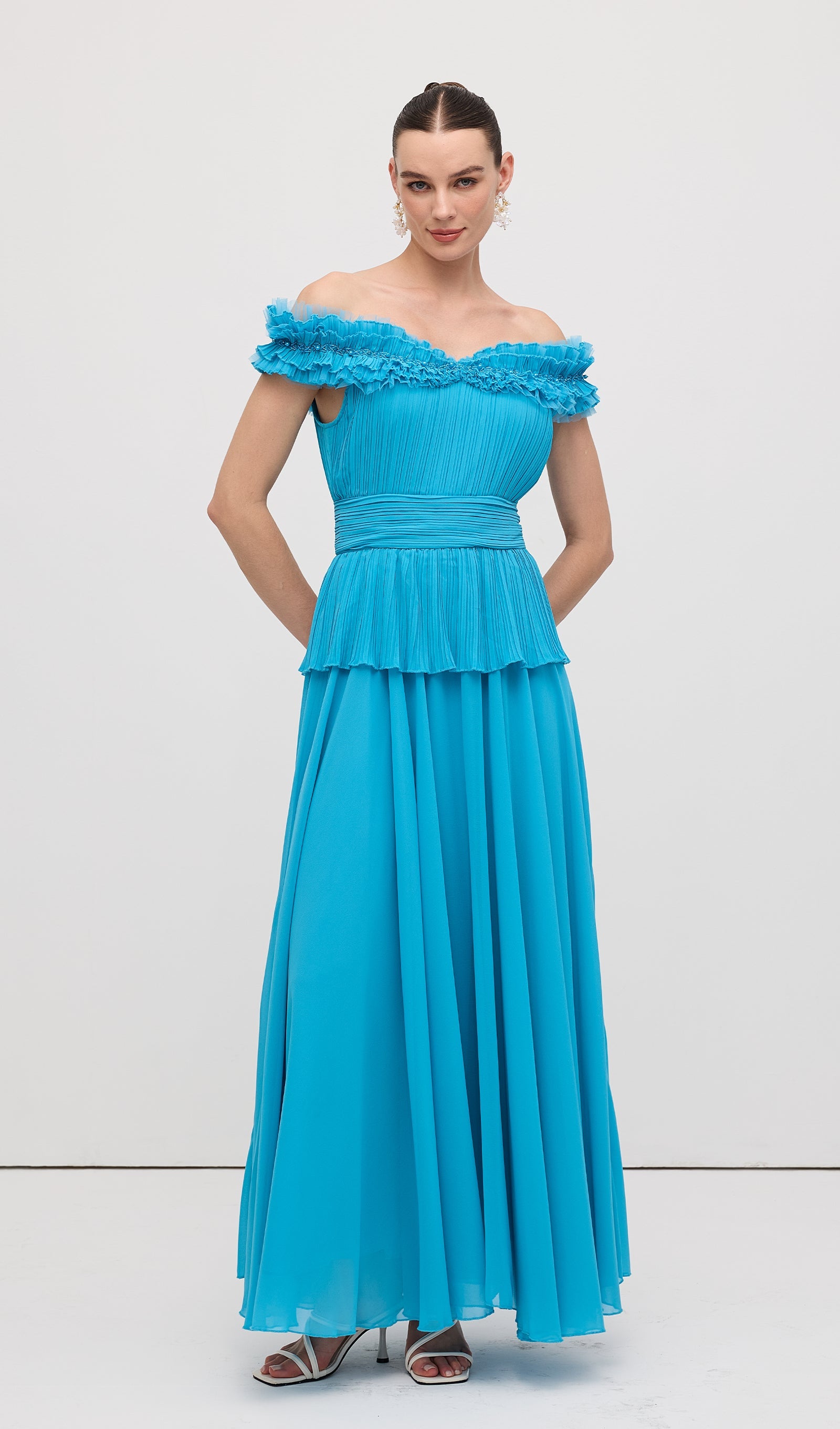 Solid Tiered Pleated Strapless Gown Maxi Dress