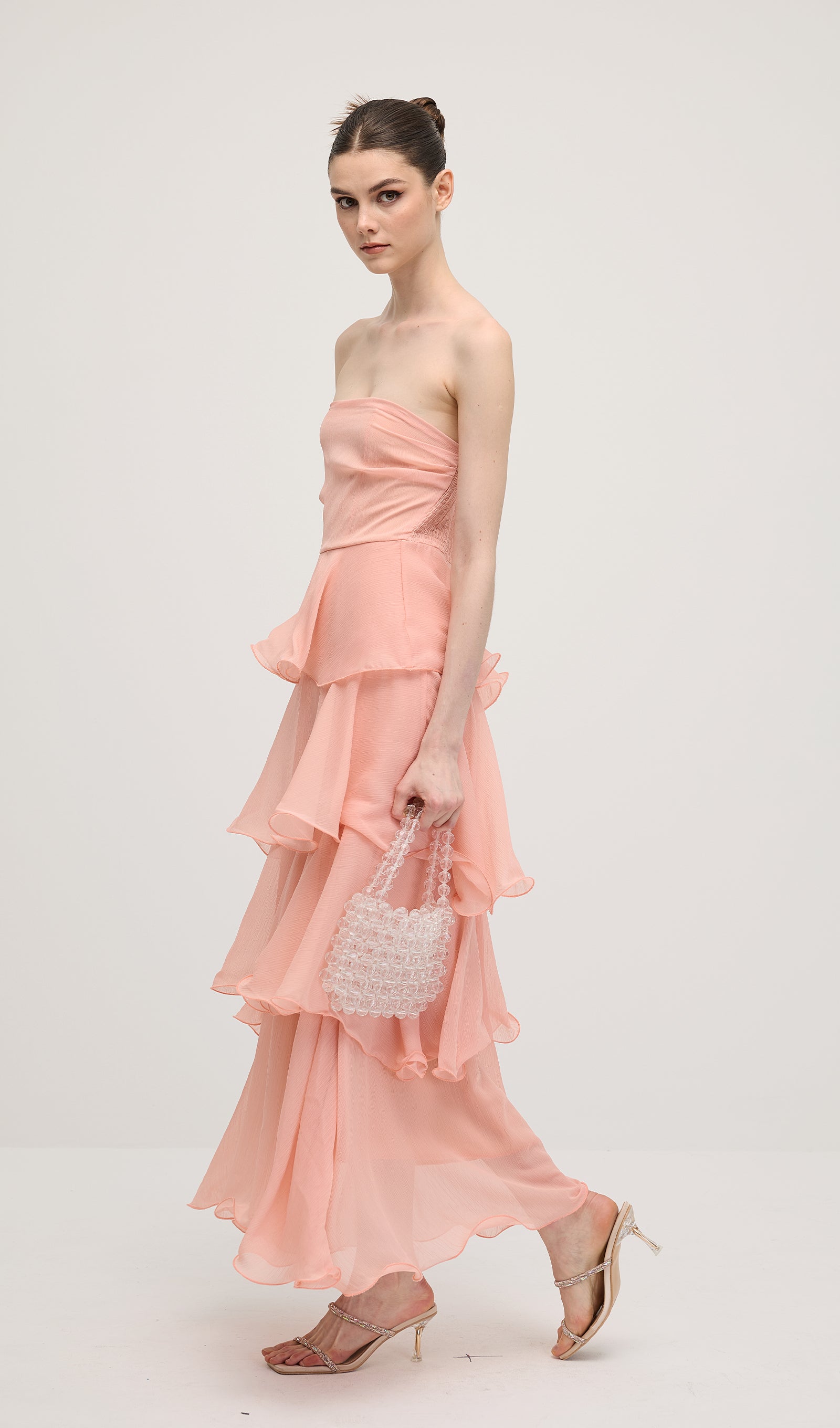Strapless Layered Midi Dress In Pink