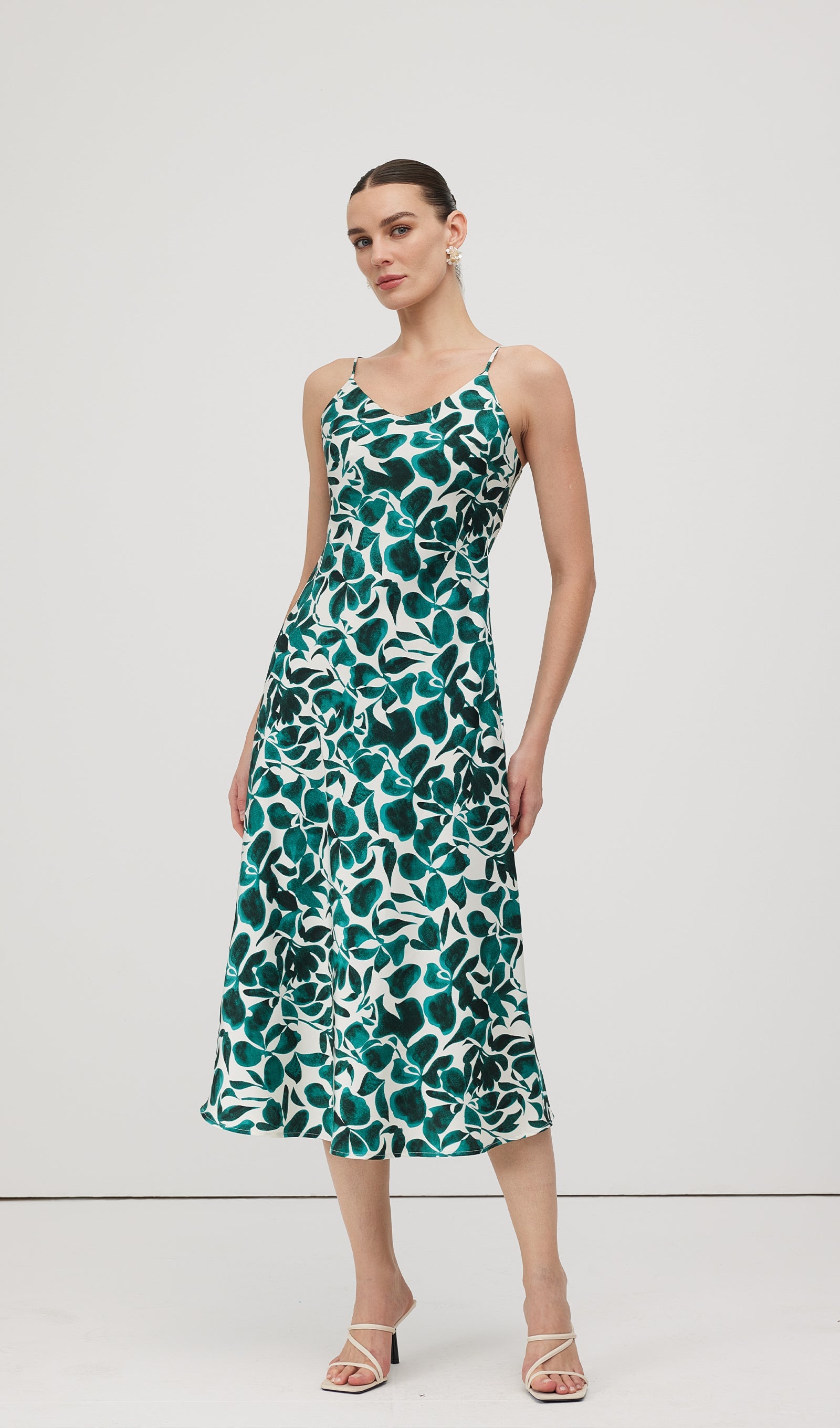 Green Leaf Print Midi Dress