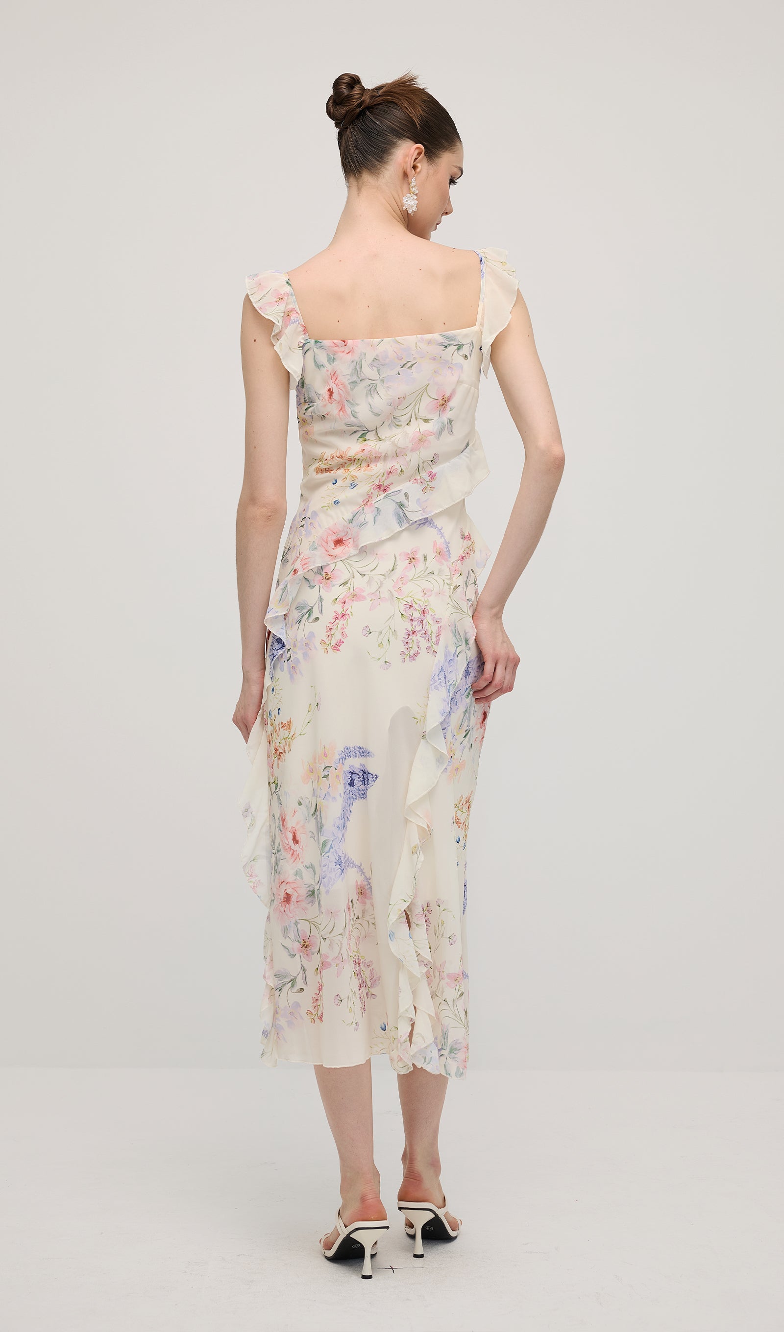 Floral V Neck Ruffled Midi Dress