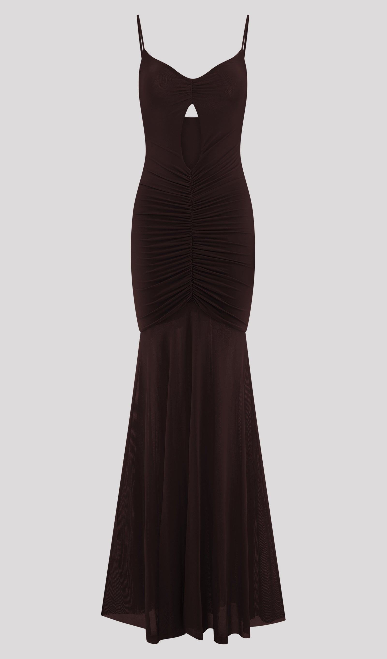 Slinky And Mesh Maxi Dress In Chocolate