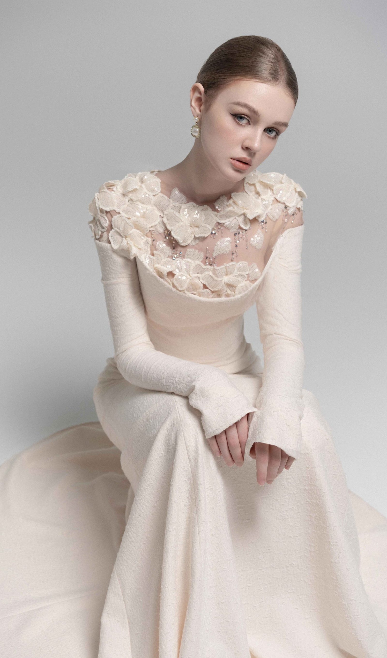 Draped Crystal Midi Dress In Cream